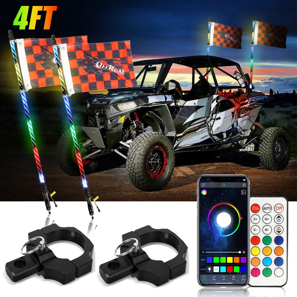 3FT/4FT LED RGB Whip Lights with Bluetooth & Remote Control - Waterproof Off-Road Light Bar for UTV, ATV, Jeep, Truck - Perfect for Night Riding, Camping & Off-Road Adventures