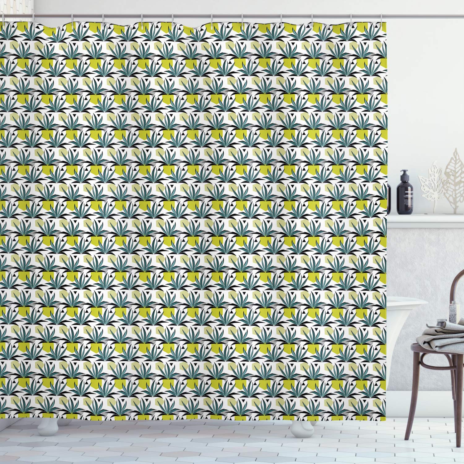 Ambesonne Tropical Shower Curtain - Modern Botanical Bathroom Decor with Exotic Palm Leaves & Geometric Patterns, 69