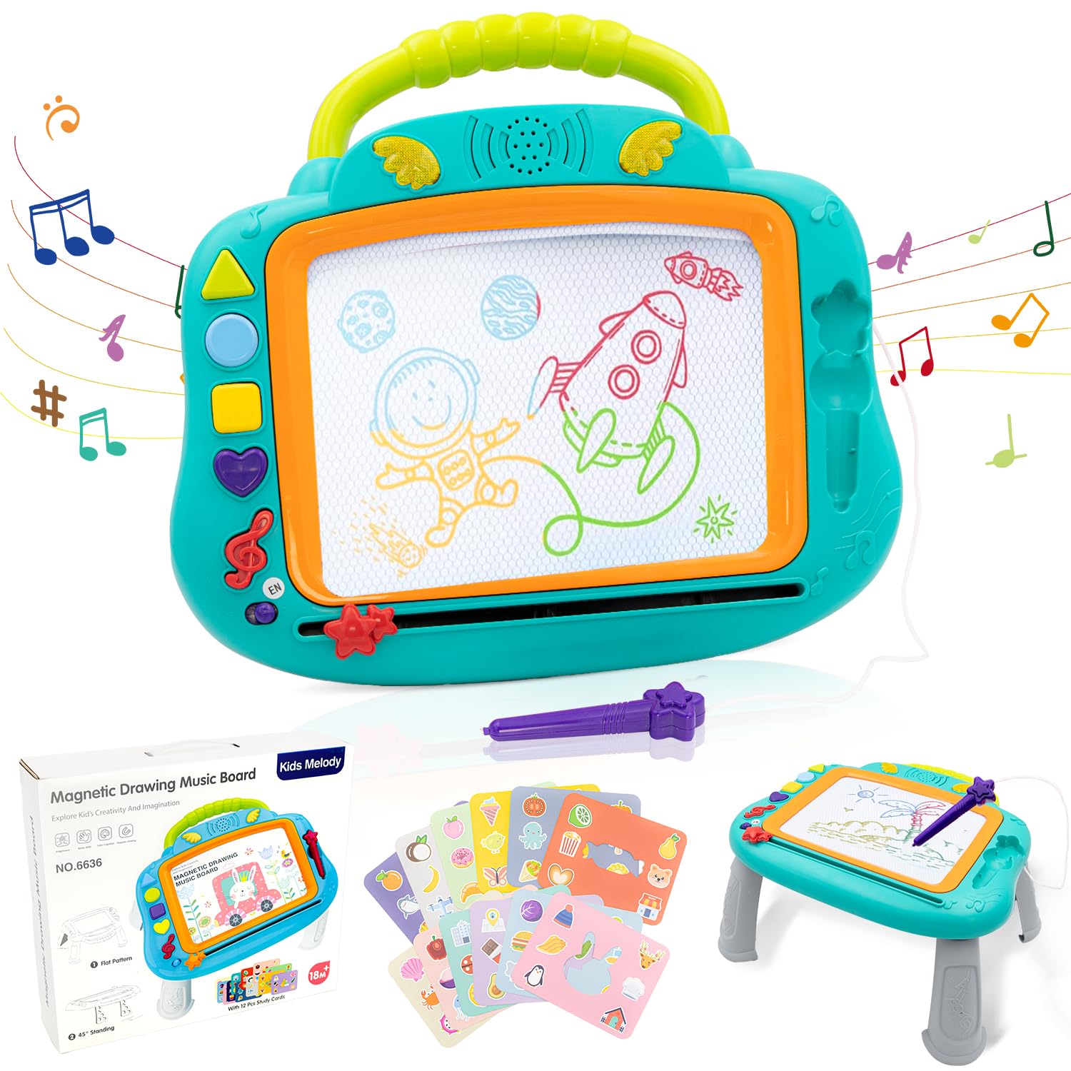 Magnetic Drawing Board for Toddlers - 3-in-1 Light Up Musical Doodle Board with 12 Drawing Cards | Educational Learning Toys for Kids Ages 1-2, 2-5 Years Old | Perfect Birthday Gift for Boys & Girls (Green) | Ideal for Home, Travel & Preschool Learning Activities