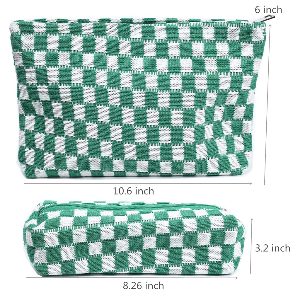 Checkered Makeup Bag Set of 2 - Large Cosmetic Organizer & Brush Pouch - Portable Travel Makeup Case for Women (Green) | Perfect for Travel, Gym & Daily Beauty Storage