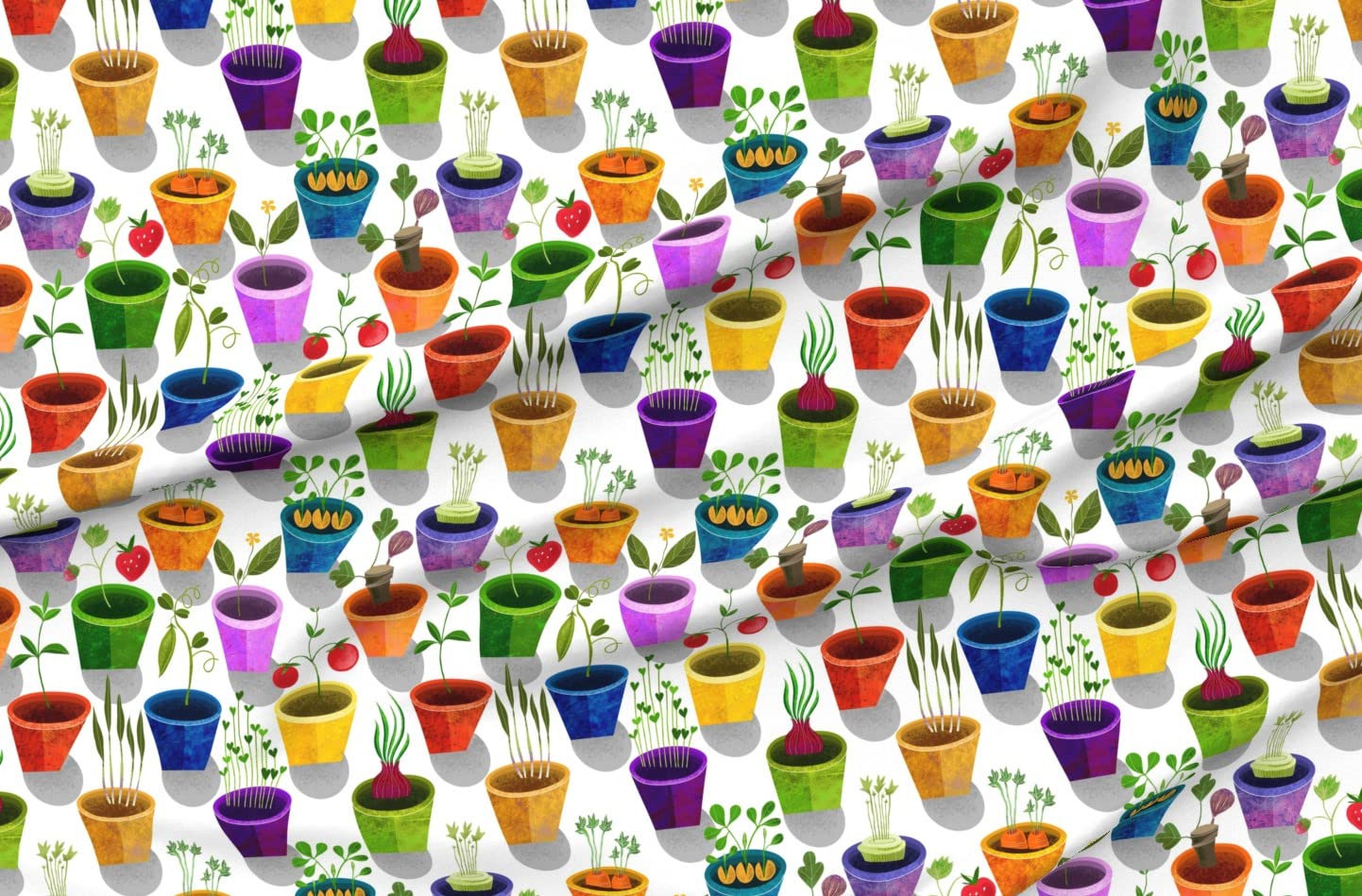 Whimsical Potted Plants & Garden Vegetables Printed Chiffon Fabric by The Yard - Premium Spoonflower Fabric for Fashion Dresses, Home Decor & DIY Sewing Projects (Perfect for Boho Clothing, Curtains & Crafting)