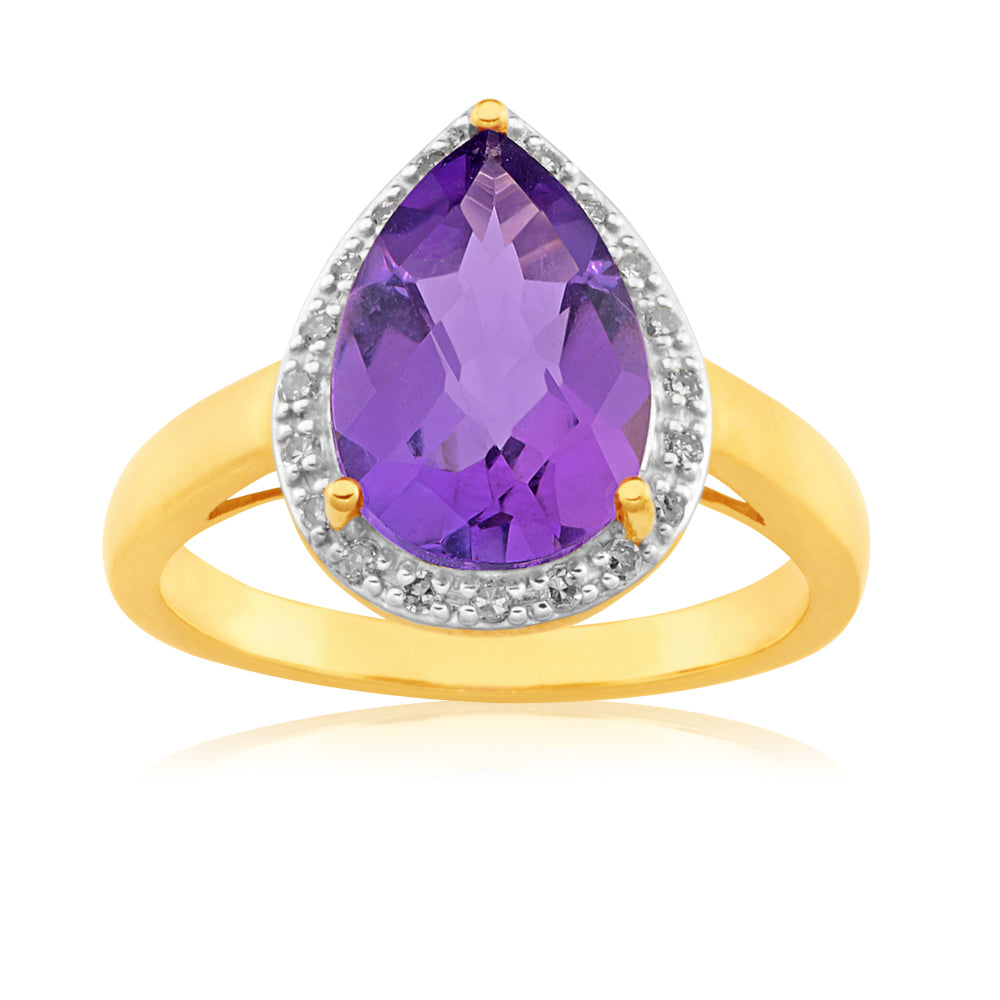9ct Yellow Gold Amethyst & Diamond Dress Ring for Women - Elegant Purple Gemstone Jewelry for Evening Wear & Special Occasions