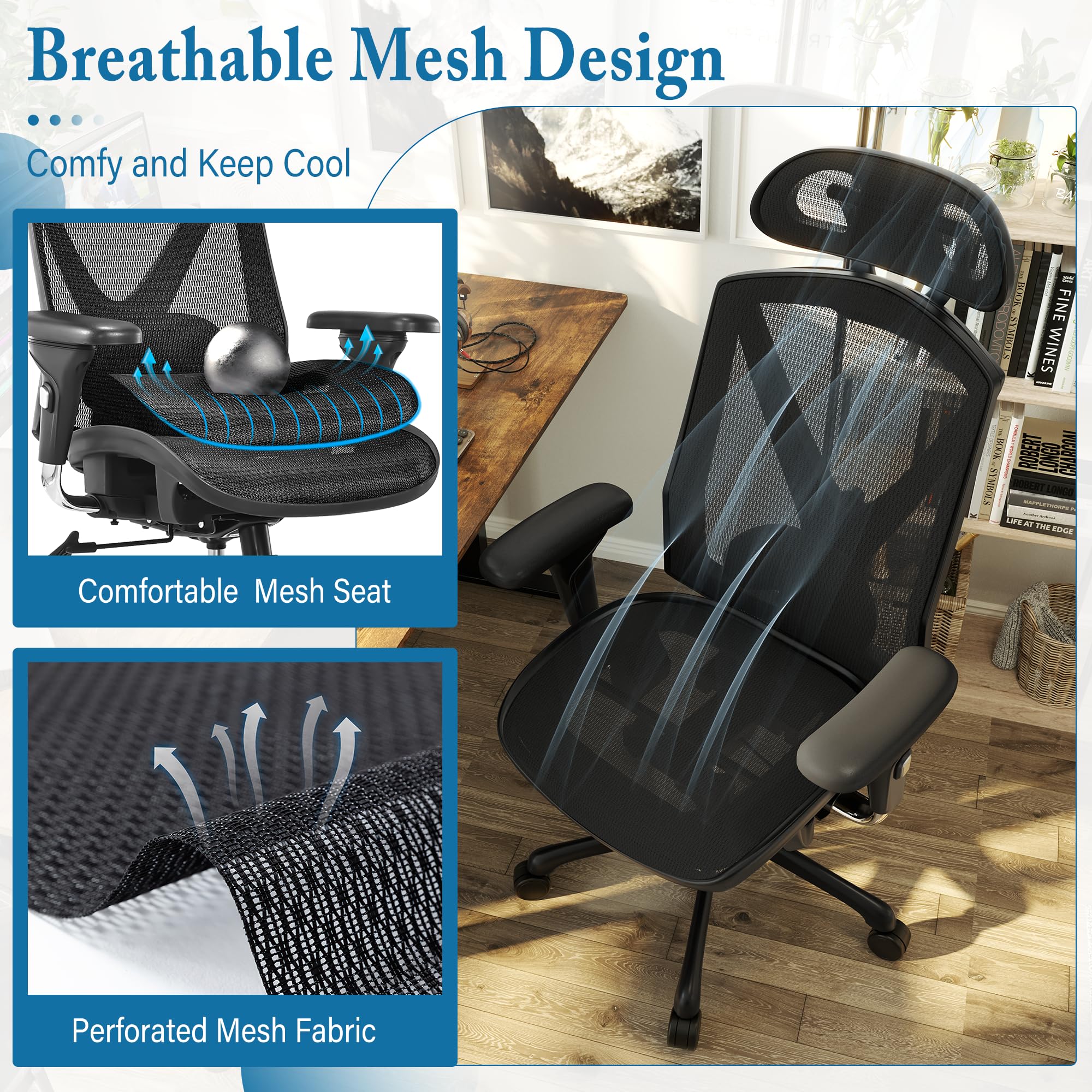 Ergonomic Office Chair - High Back Swivel Computer Gaming Desk Chair with Adjustable Armrests & Lumbar Support, Breathable Mesh Backrest, 3-Gear Tilt - Perfect for Home Office, Gaming Setup & Workspace Comfort