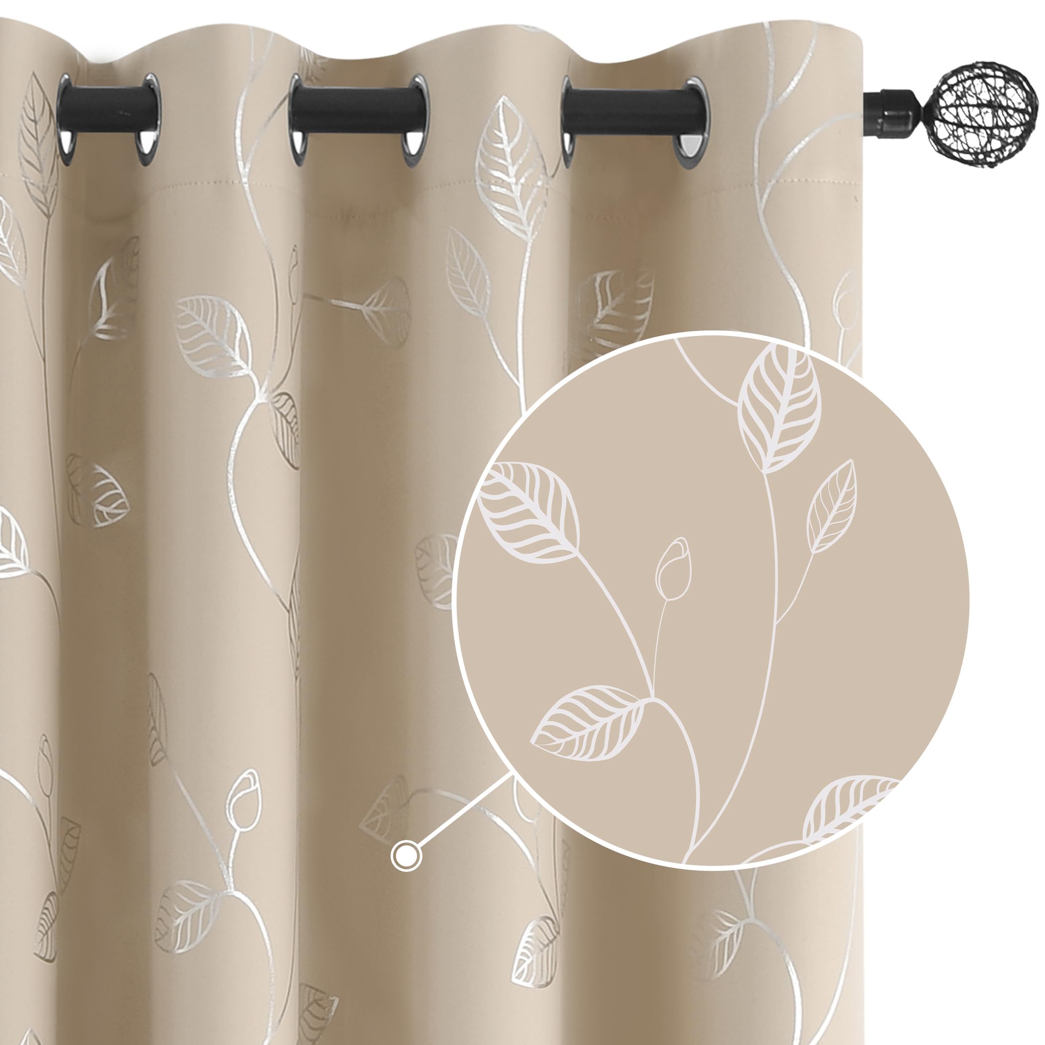 BUHUA 52 x 84 Inch Blackout Curtains for Bedroom - Beige Leaf Pattern Thermal Insulated Window Drapes (Set of 2 Panels) | Noise Reducing & Energy Saving for Home, Nursery & Living Room