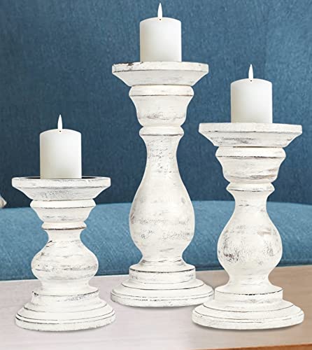 Wooden Candle Holder Stand Set of 3 - 10, 8, 6 Inch Pillar Candle Holders with Rounded Turned Columns - Antique White Country Style for Weddings, Christmas, Parties & Home Decor | Perfect as Unity Candle Holders & Gift Ideas