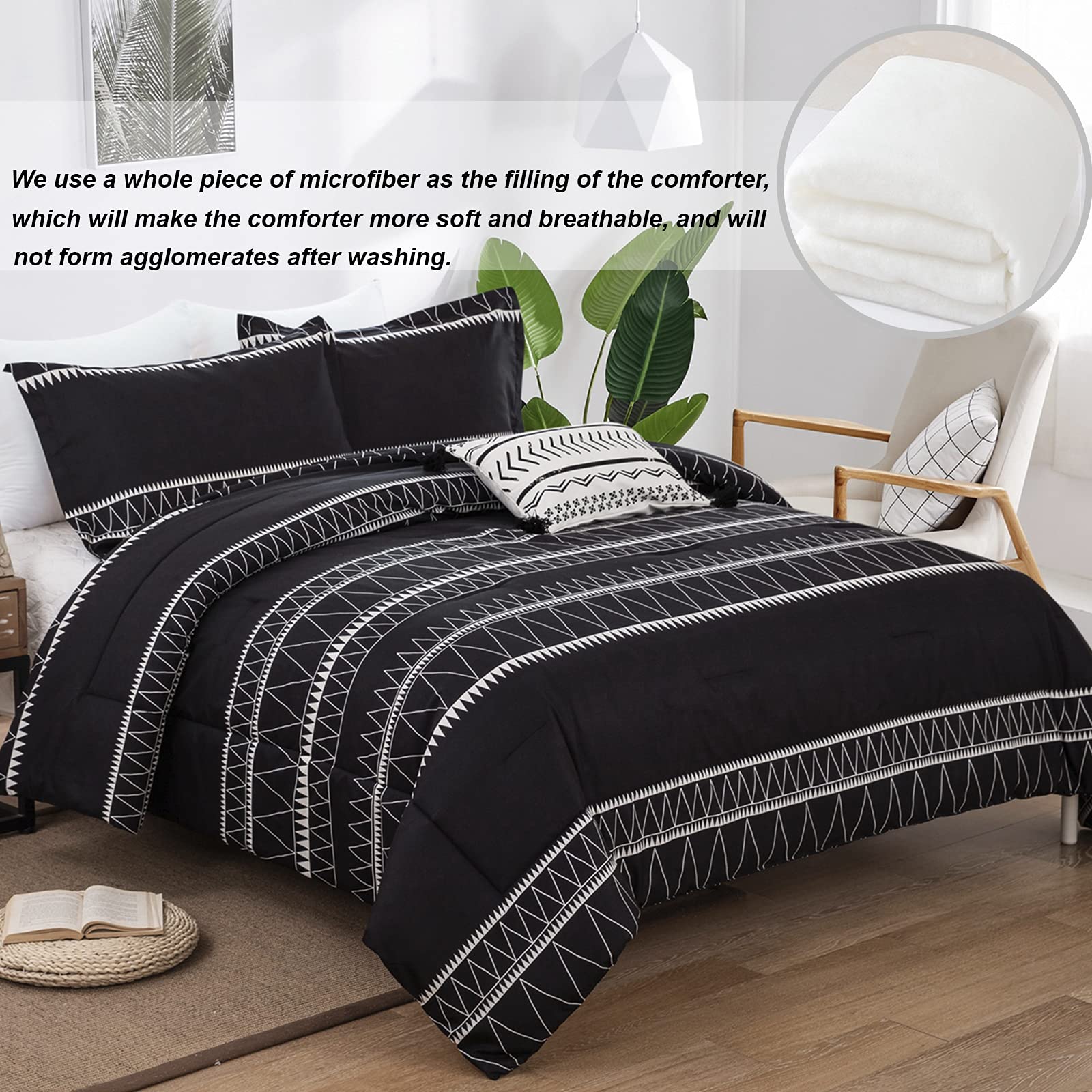 WONGS BEDDING Black Comforter Set Twin Size - Reversible Boho Triangle Striped Down Alternative Bedding - 2 Piece Set (1 Comforter + 1 Pillowcases) - Soft Microfiber 68x86 Inches - Perfect for Teens, Dorms & Guest Rooms