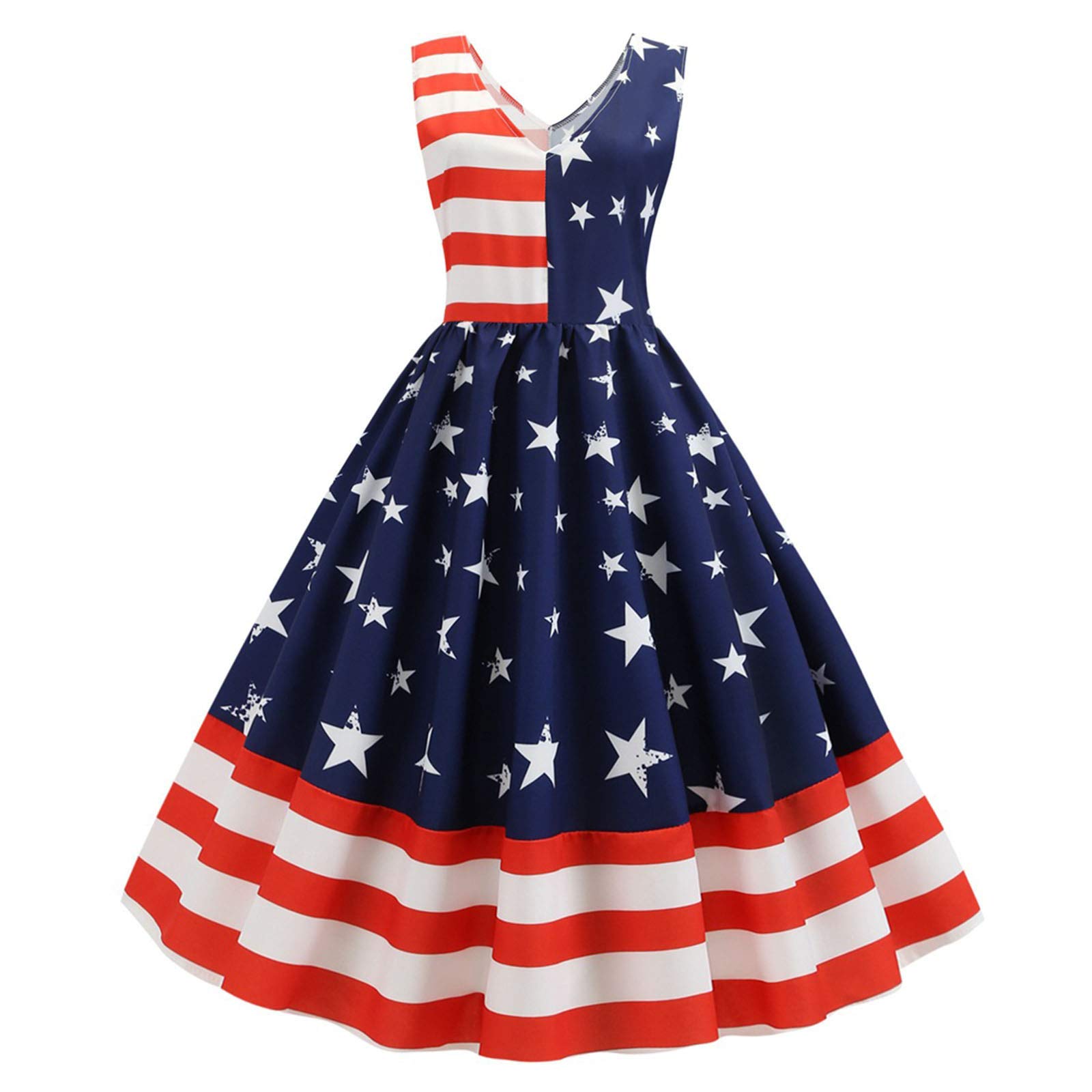 Vintage A-Line Party Dress for Women - Sleeveless Patriotic USA Flag Cocktail Swing Dress | Perfect for 4th of July, Memorial Day & Independence Day Celebrations