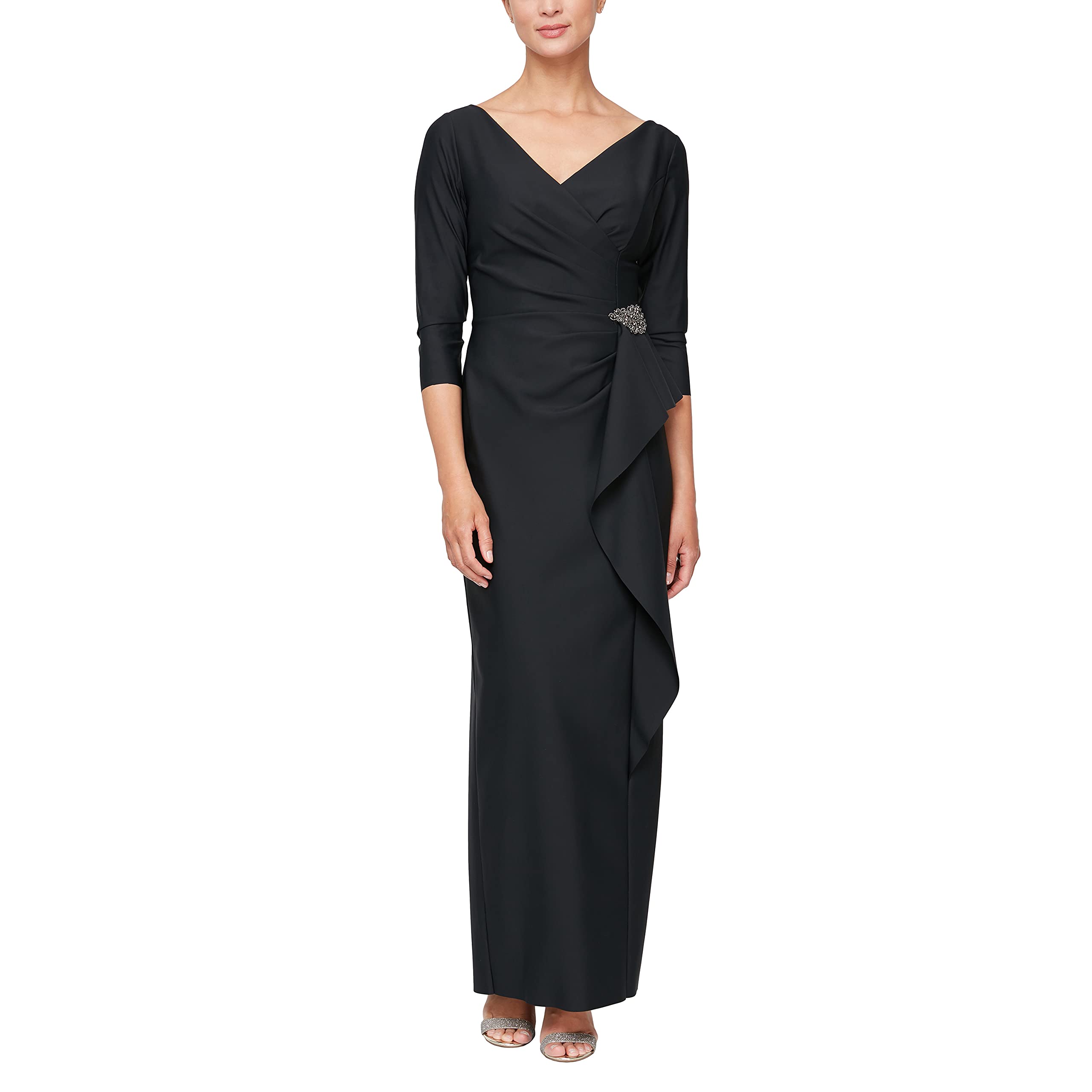 Alex Evenings Women's Slimming Mother of the Bride Dress - ¾ Sleeve Long Length with Cascade Ruffle Skirt & Side Ruching - Perfect for Weddings, Formal Events & Special Occasions