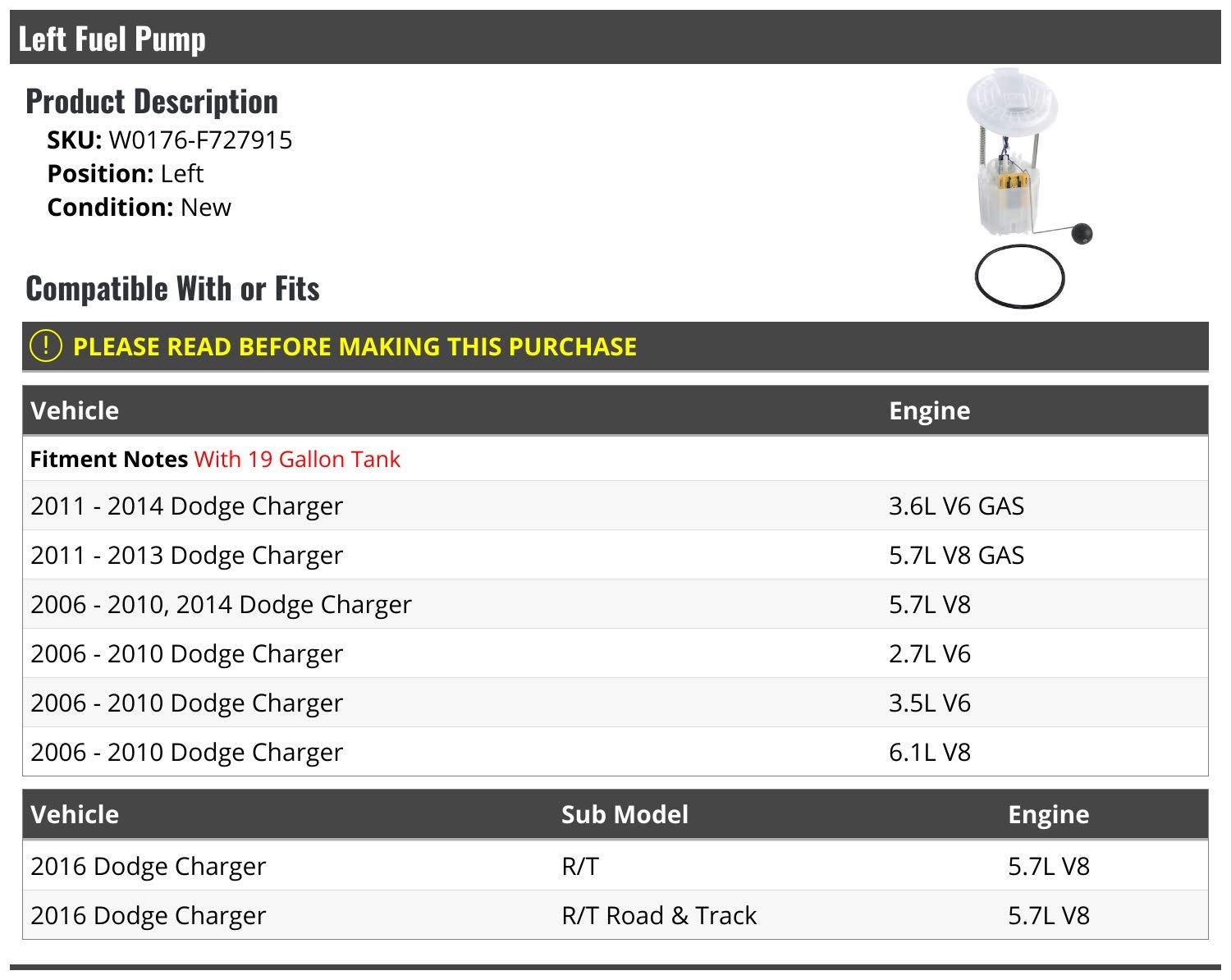 Left Driver Side Fuel Pump - Compatible with 2006-2014 & 2016 Dodge Charger | Replacement Fuel Pump for Dodge Charger SXT, R/T, SRT8 | Perfect for Highway Driving & Performance Upgrades