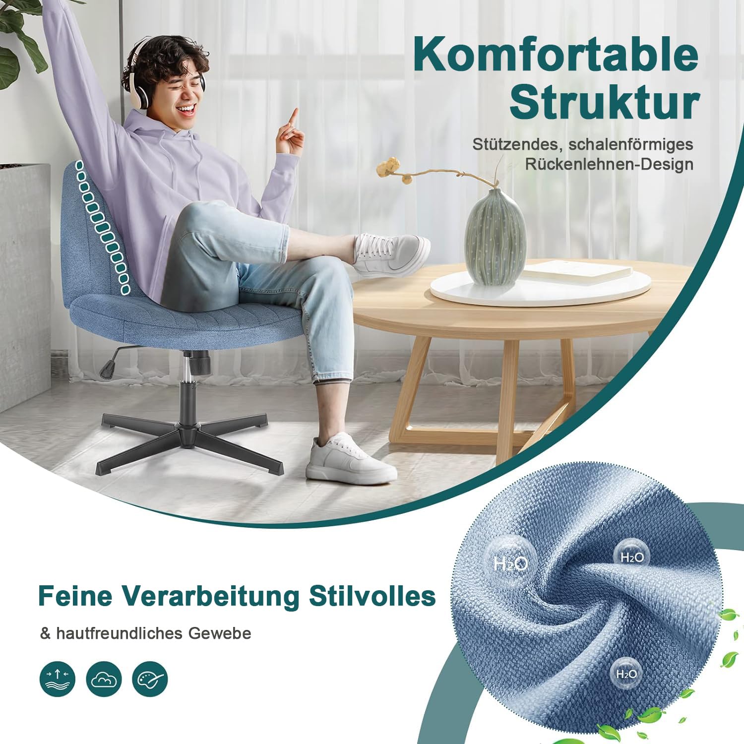 DUMOS Criss Cross Legged Office Chair - Armless Wide Seat No Wheels, Adjustable Height Swivel Fabric Chair for Home Office, Bedroom & Vanity - Modern Comfortable Seating for Work & Relaxation