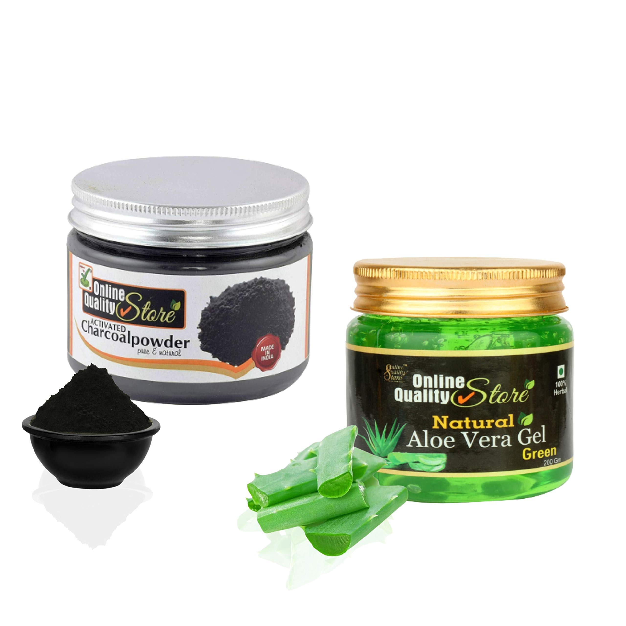 Organic Aloe Vera Gel for Face & Activated Charcoal Powder for Skin - 200ml + 100g Set | Natural Skincare for Acne, Blackheads & Hydration | Perfect for Daily Cleansing, Detox & Moisturizing Routine