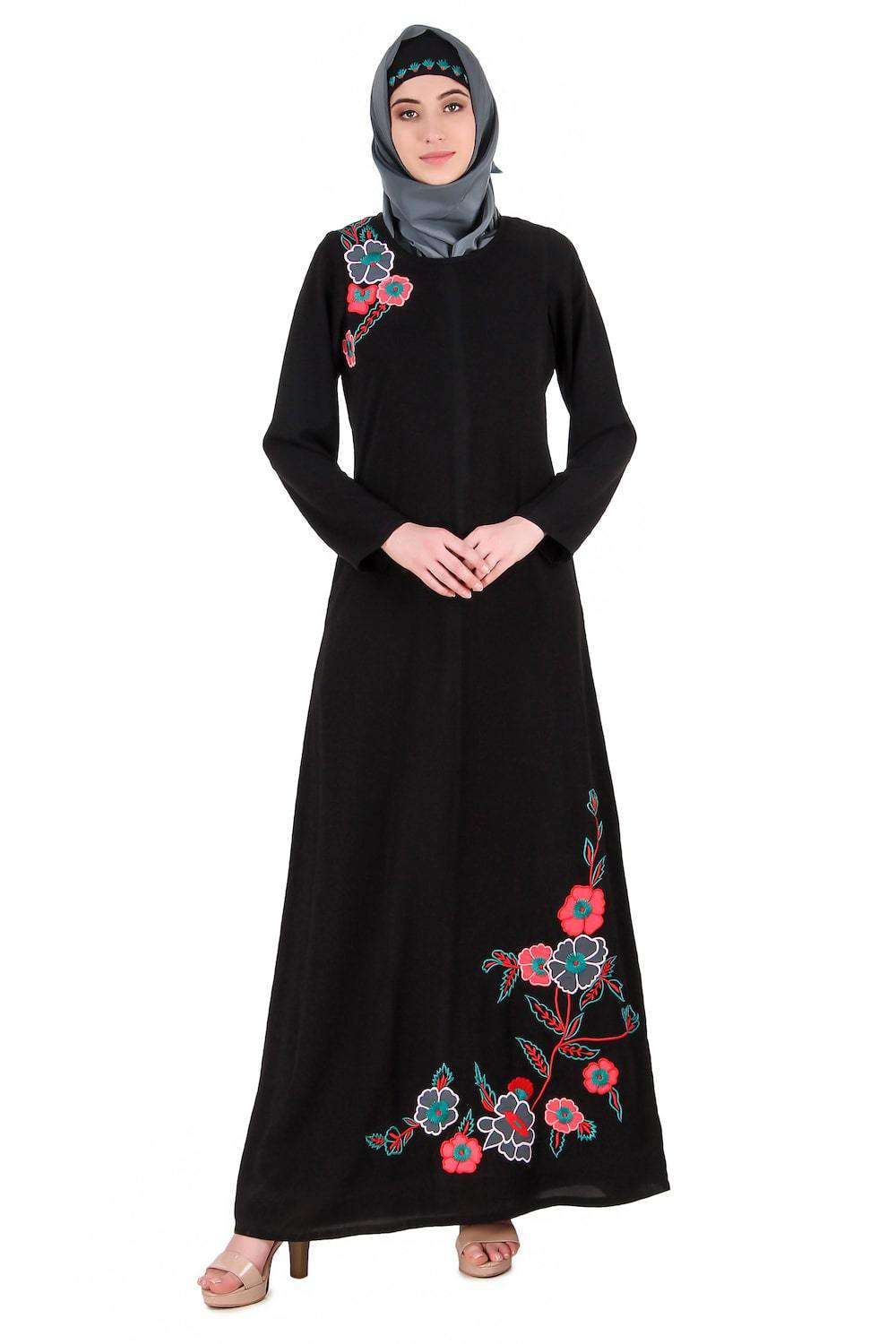 Elegant Floral Patchwork A-Line Abaya Dress for Women - Modest Islamic Fashion for Prayer, Eid, and Special Occasions