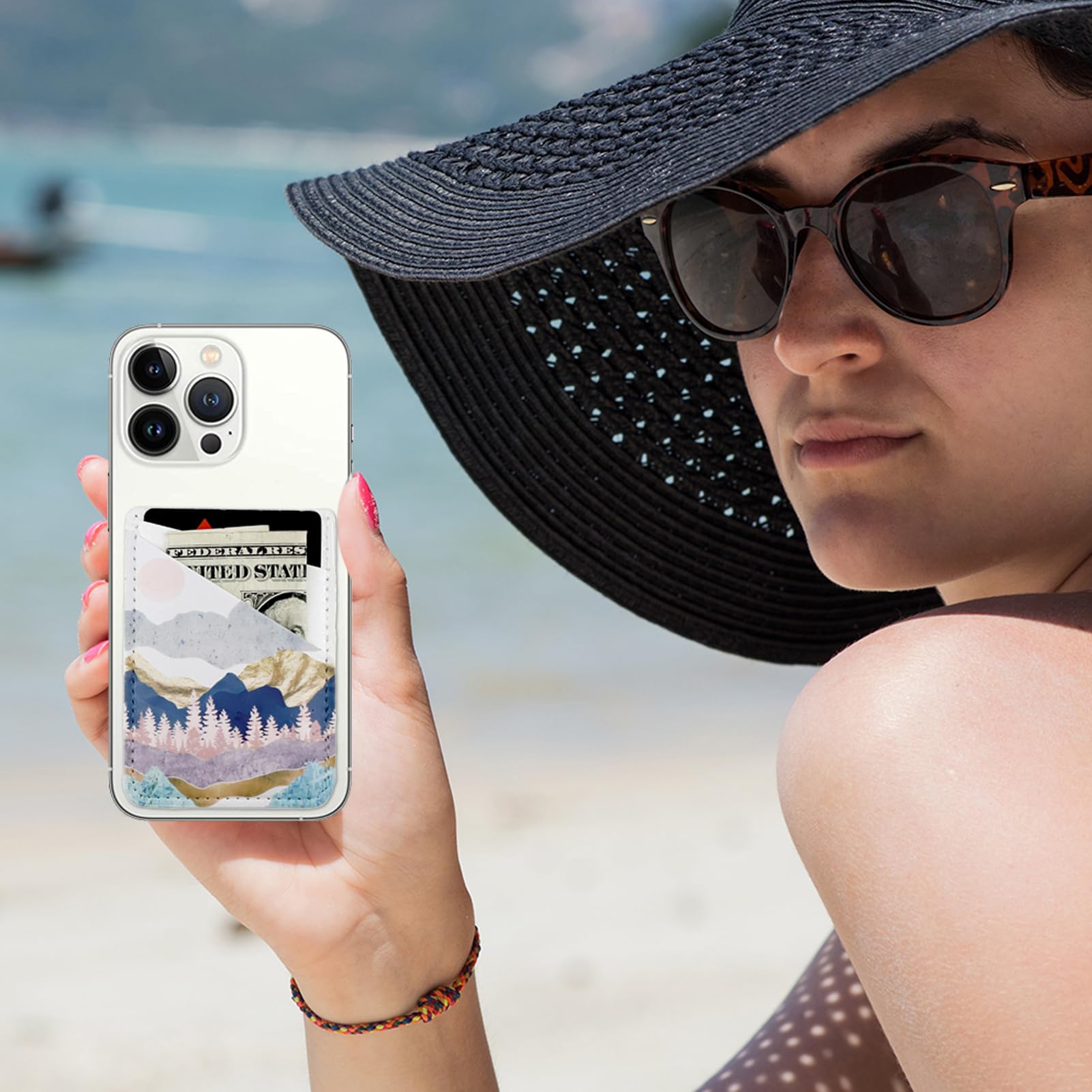 Stick On Phone Wallet Holder - Adhesive Credit Card Pocket for iPhone, Samsung, Android & All Smartphones | Perfect for Travel, Gym & Everyday Use (Summer Mountain Design)