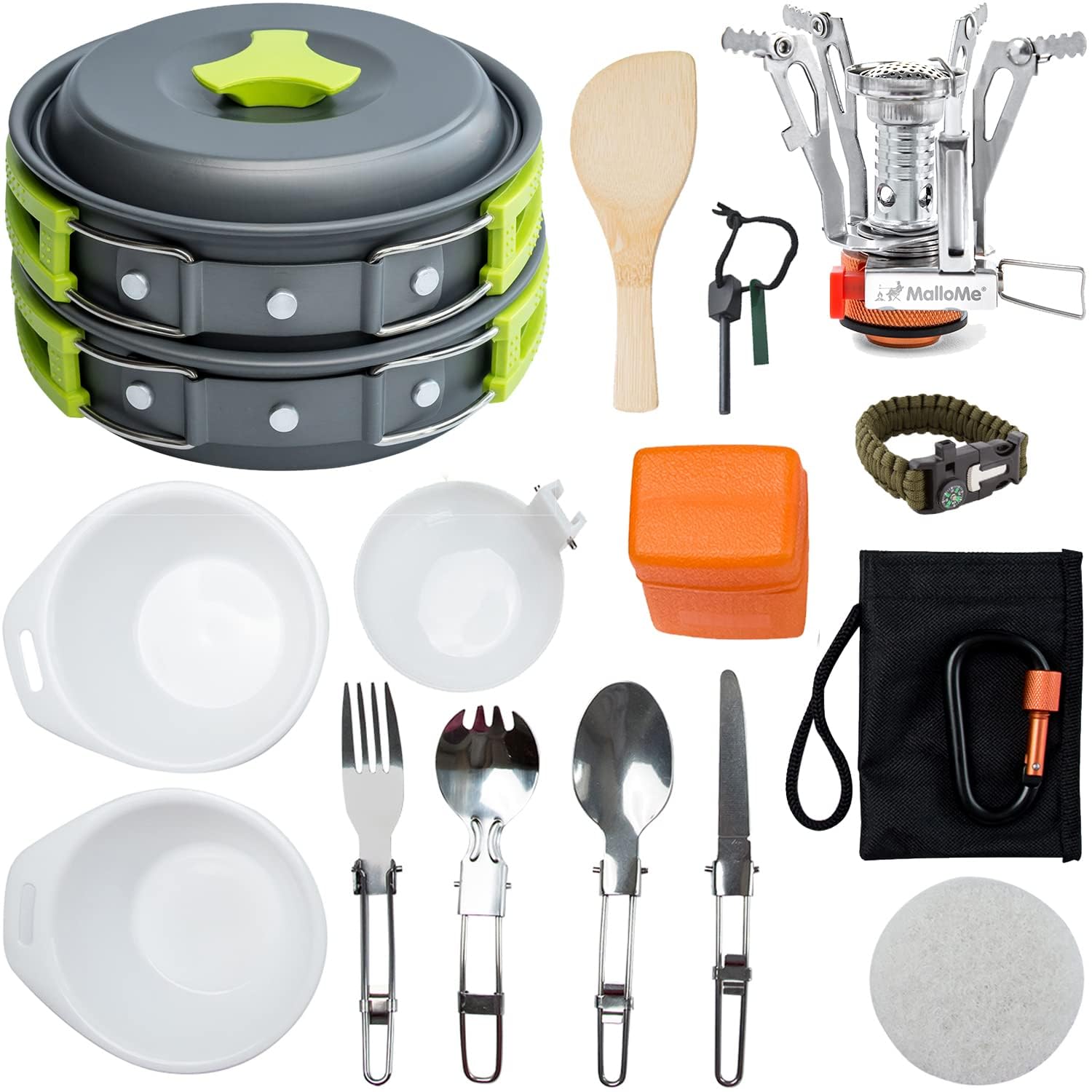 MalloMe 18-Piece Camping Cookware Set with Backpacking Stove & Utensils - Lightweight Portable Camping Pots and Pans for Outdoor Cooking - Perfect for Backpacking, Hiking, and Camping Trips