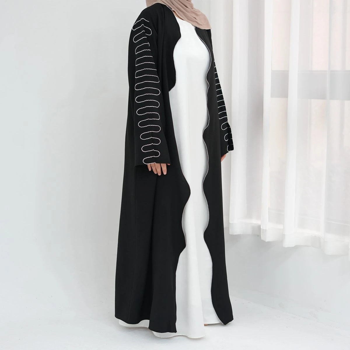 Urgarment Elegant Embroidery Sleeve Nida Cardigan Open Abaya Dress #24887 - Perfect for Muslim Women's Prayer, Mosque Wear & Modest Fashion Outfits