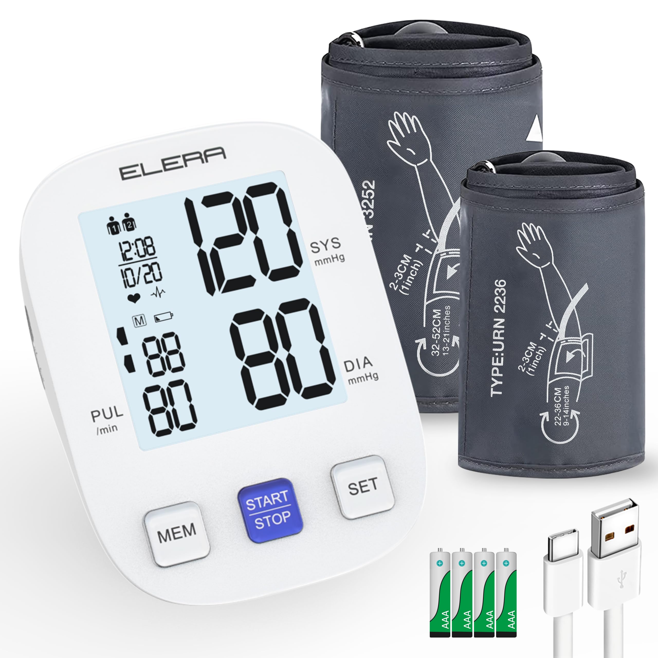 Elera Digital Automatic Upper Arm Blood Pressure Monitor with Extra Large Cuff (32-52cm) & Standard Cuff (22-36cm) - Accurate Home Use for Adults, Seniors, and Family Health Tracking