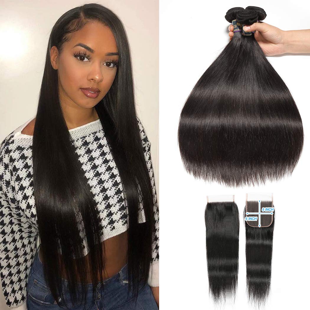 20 18 16+14 Inch Malaysian Virgin Straight Human Hair Bundles with 5x5 Lace Closure - 3 Bundles 1B Color for Natural Look | Perfect for Weaves, Extensions & Styling