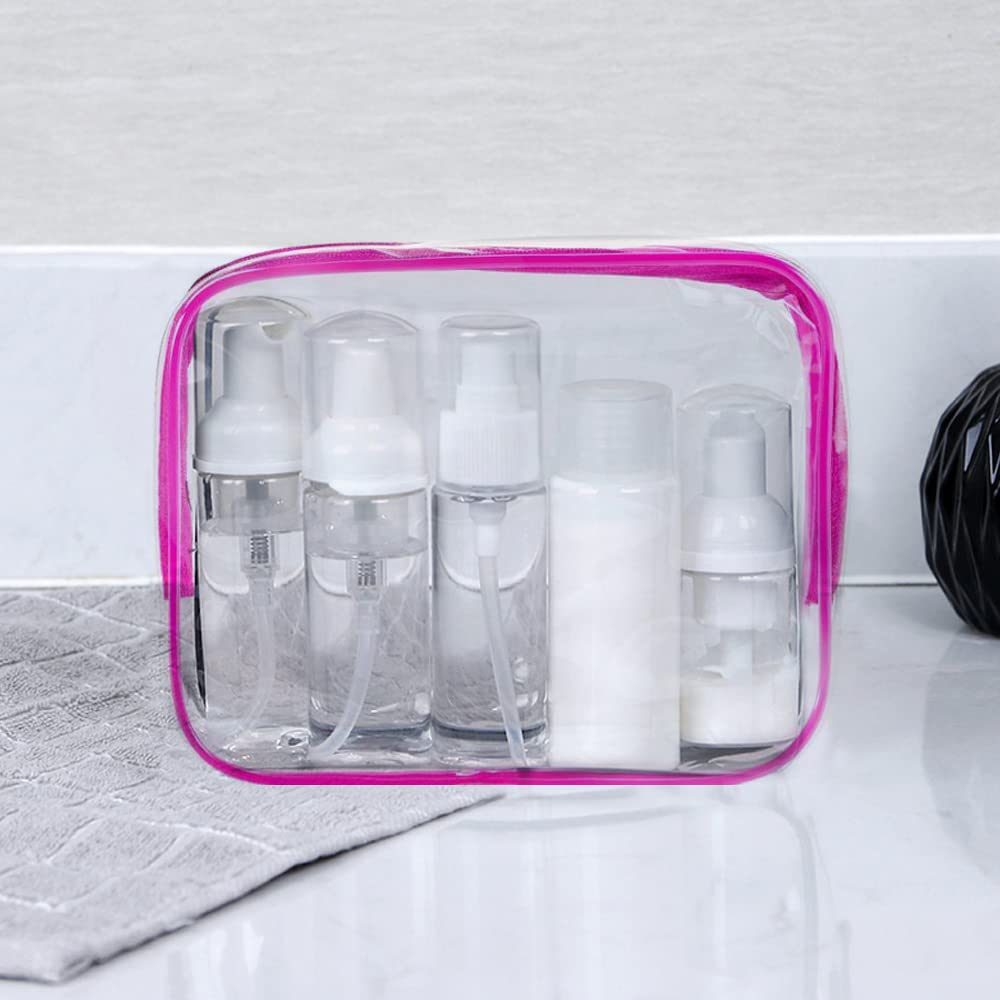 **GLAMZA® 6-Piece Clear Travel Toiletry Bag Set - Small, Medium & Large PVC Cosmetic Organizers for Men & Women | Includes 5x 50ml Travel Bottles | Perfect for Makeup, Toiletries & Airplane Carry-On (Pink)**