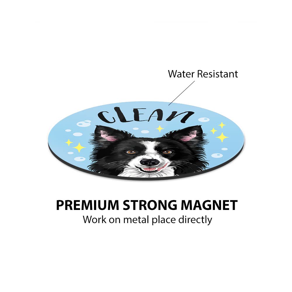 WIRESTER 3.5 Inch Dishwasher Clean/Dirty Sign - Double Sided Magnetic Indicator for Kitchen Appliances - Black & White Border Collie Design - Perfect for Dishwashers, Washing Machines & Laundry Rooms