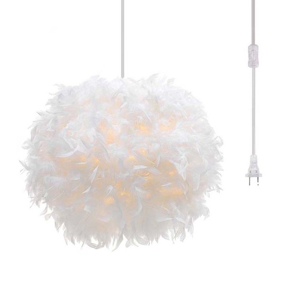 White Feather Chandelier Pendant Light - 14.8' Cord with Switch for Bedroom & Dining Room