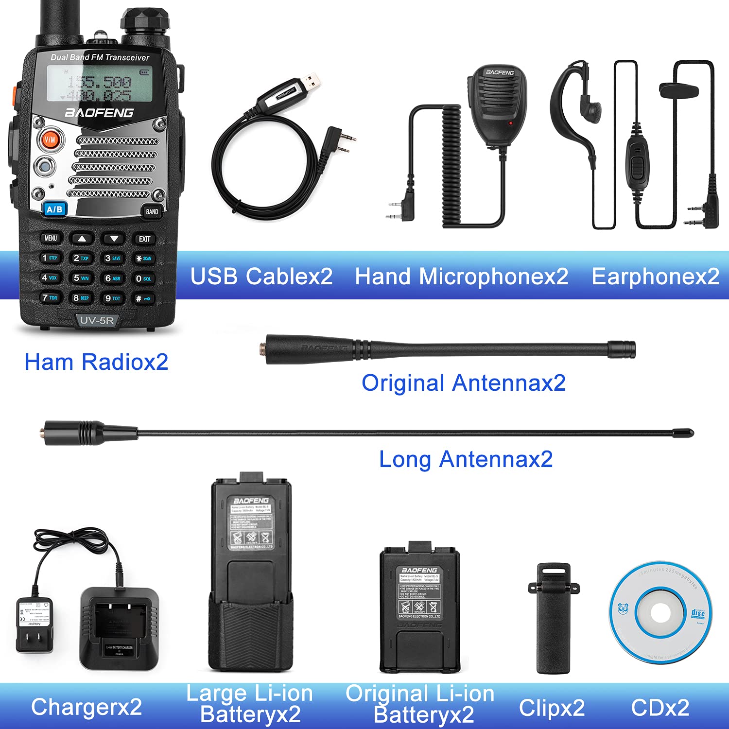 BAOFENG UV-5R Pro Ham Radio Handheld Walkie Talkies - UHF VHF Dual Band 2-Way Radio with 3800mAh Battery, Earpiece & Programming Cable (2 Pack) - Ideal for Outdoor Adventures, Emergency Communication & Security Teams