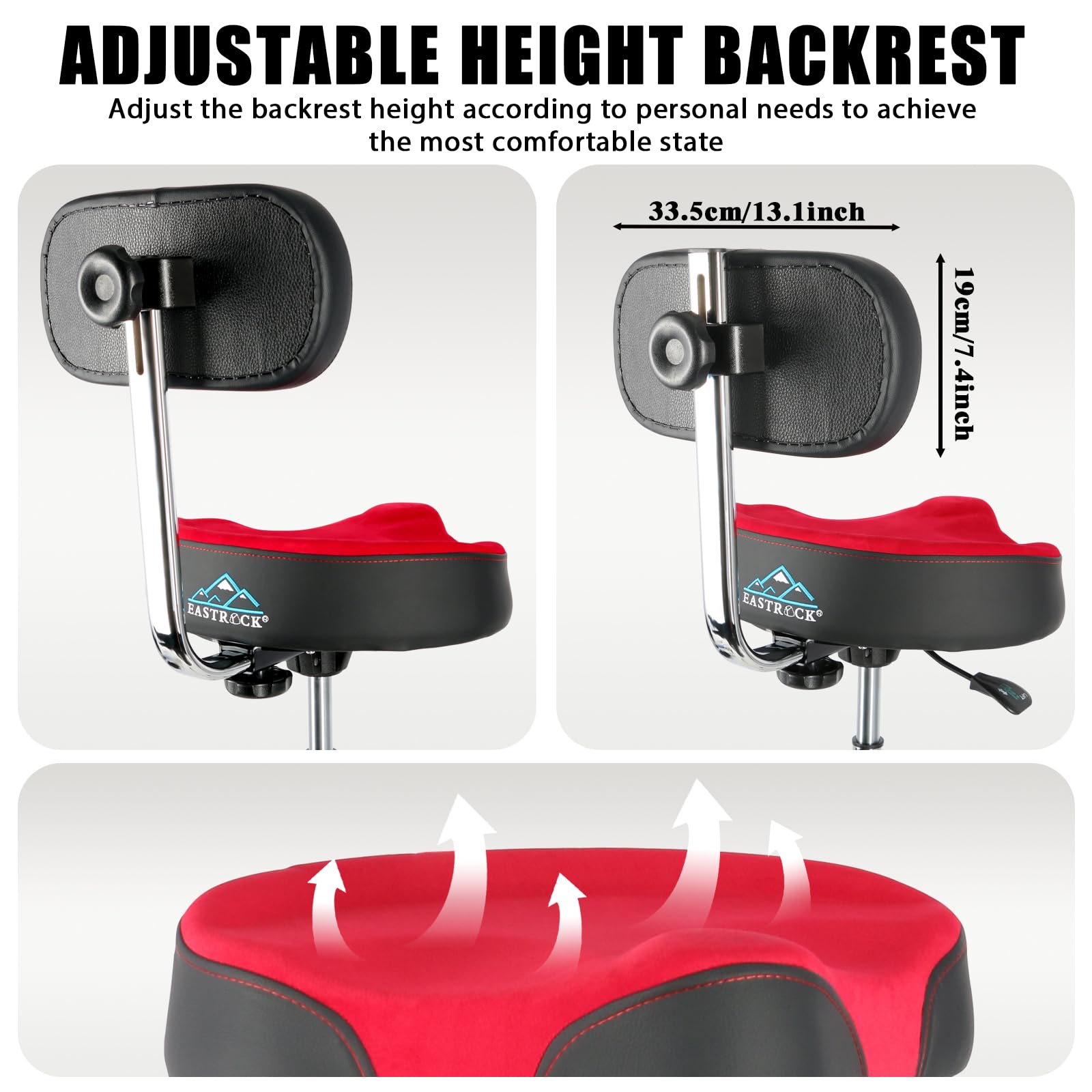 EASTROCK Heavy Duty Adjustable Drum Throne with Backrest - Motorcycle Style Hydraulic Drum Seat for Adult Drummers (Red) - Perfect for Drum Kits, Practice Sessions & Live Performances