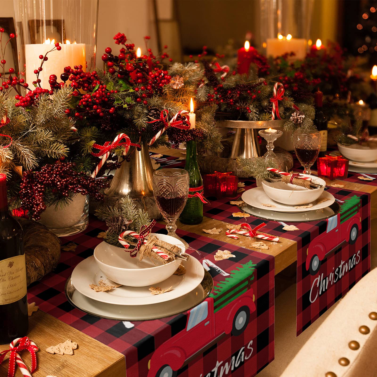 72 Inch Long Red and Black Buffalo Plaid Christmas Table Runner - Holiday Truck with Tree Design for Kitchen, Dining Table, Party & Home Decor (13x72 inches) - Perfect for Christmas Celebrations, Dinner Parties, and Festive Home Styling
