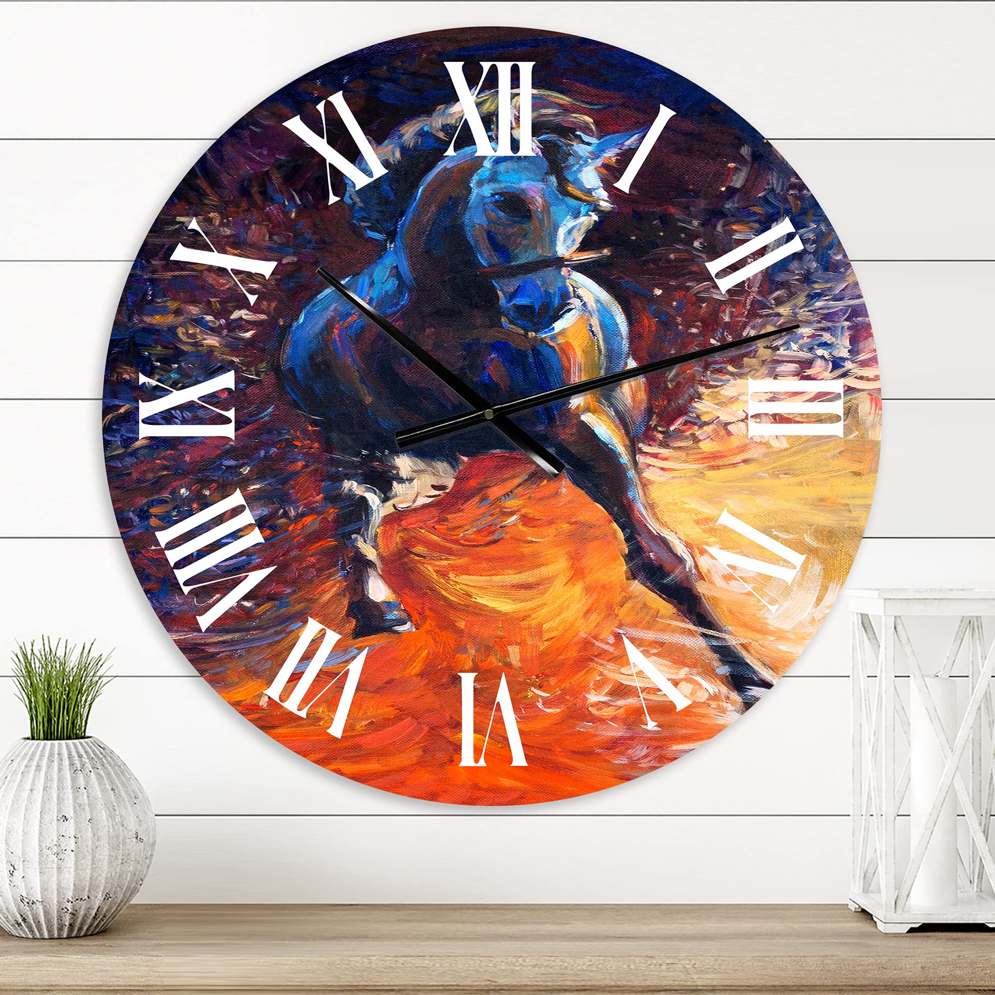 DesignQ Farmhouse Wall Clock 'Portrait of A Galloping Blue' - Large Rustic Animal Wall Clock for Home, Office & Living Room Decor - Perfect for Farmhouse, Vintage & Country Style Interior Design