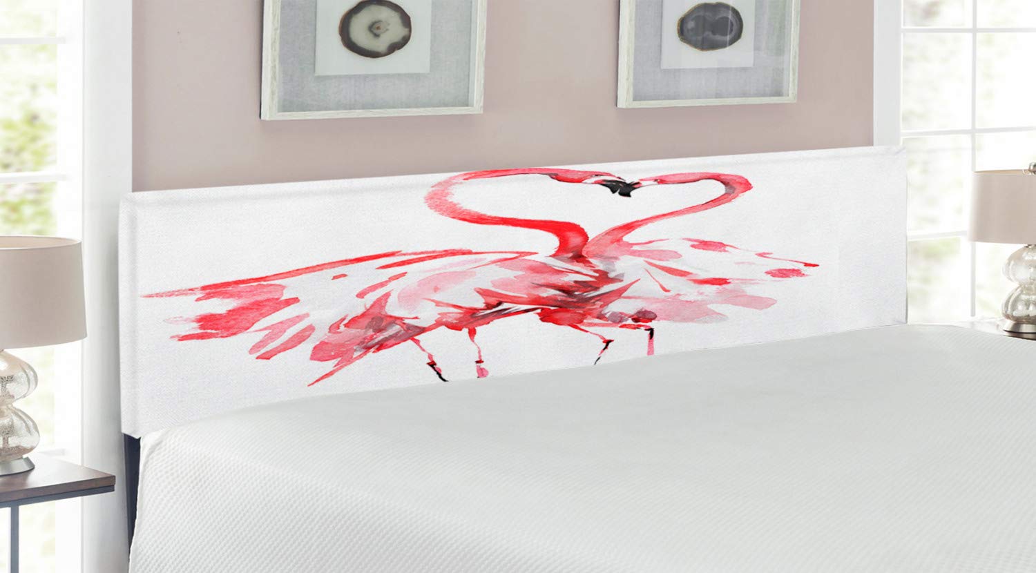Ambesonne Flamingo Headboard - King Size Upholstered Decorative Metal Bed Headboard with Memory Foam, Romantic Watercolor Flamingo Couple Kissing Design in Dark Coral & White - Perfect for Master Bedroom, Guest Room, or Coastal Themed Decor