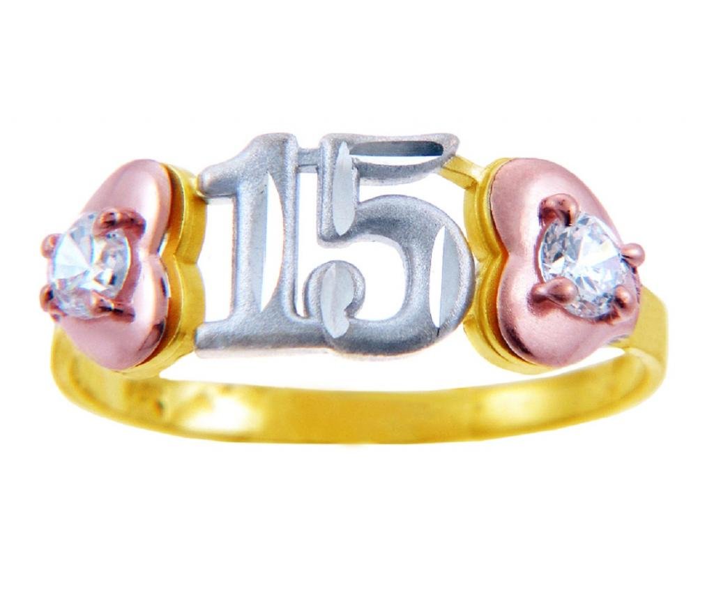 15th Birthday Quinceañera Two Heart Ring with Cubic Zirconias in 14K Gold - Perfect Sweet 16 Gift for Teen Girls & Quince Celebration Jewelry