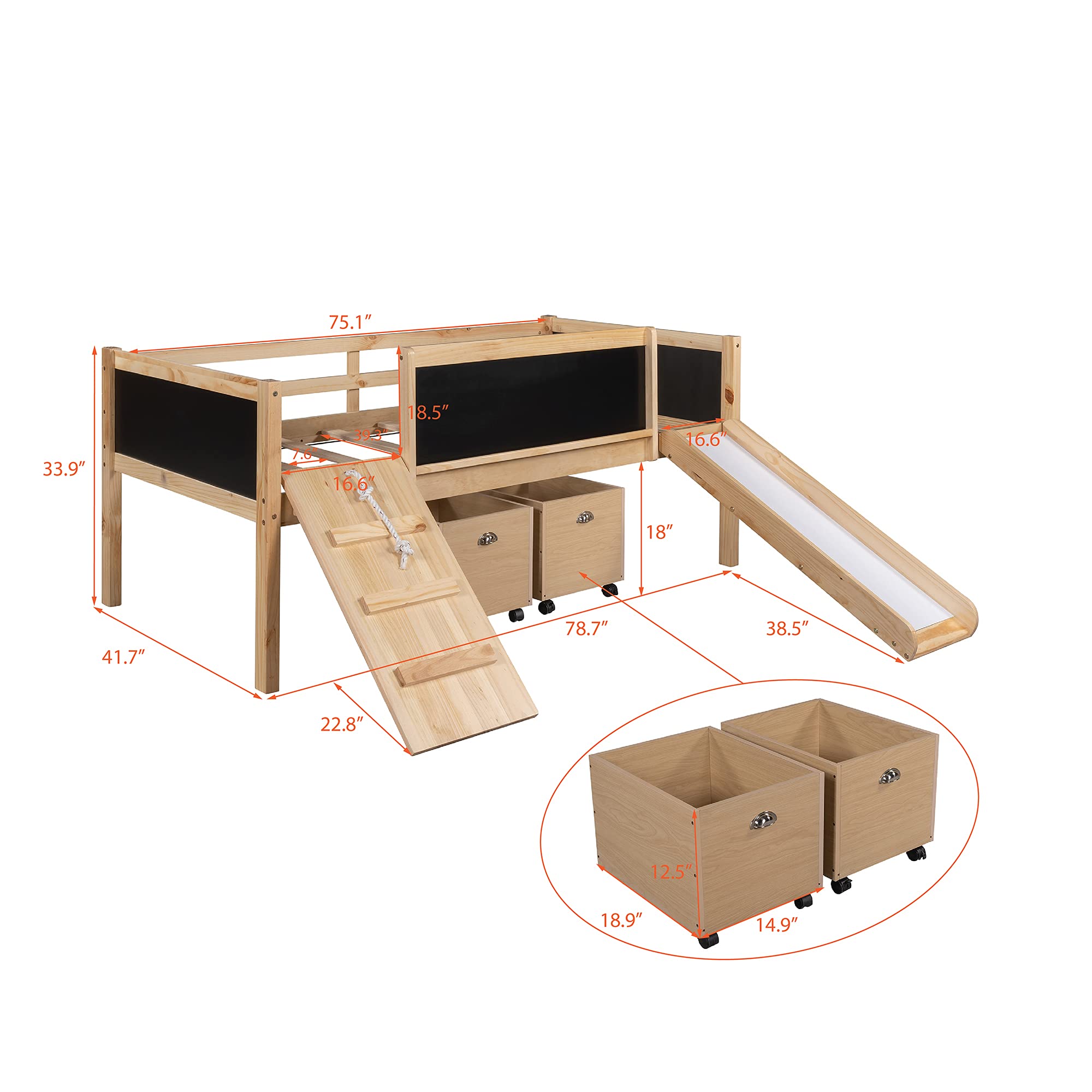 Merax Wooden Loft Bed with Storage, Climbing Ladder & Slide - Kids Play & Study Bed with Double-Sided Chalkboard - Space-Saving Twin Bed for Small Rooms - Perfect for Playrooms, Bedrooms & Homeschooling