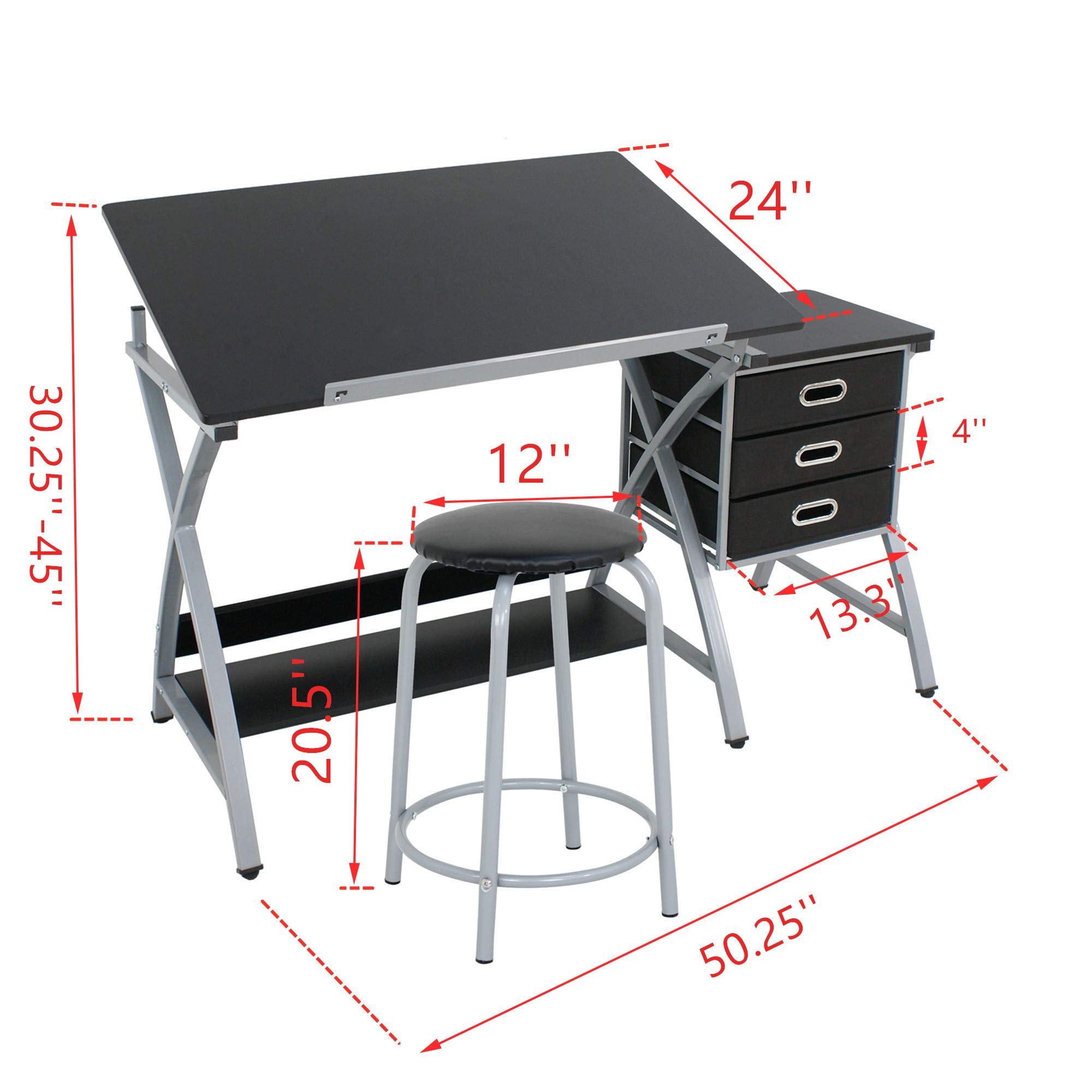 Adjustable Tilt Drafting Desk with Stool & 3 Storage Drawers - Art Drawing Table for Sketching, Crafting & Design Work - Perfect for Artists, Architects & Students