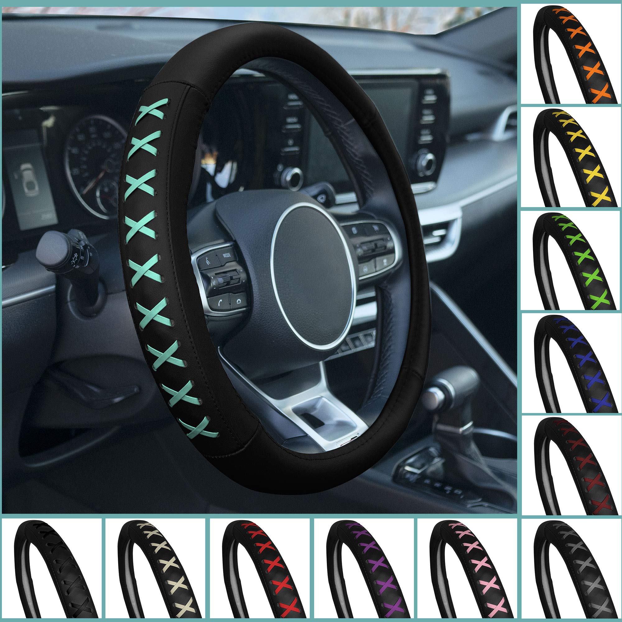 TLH Universal Burgundy 15 Inch Genuine Leather Steering Wheel Cover with Lace-Up Detailing - Non-Slip Grip for Cars, Trucks & SUVs - Perfect for Driving Comfort & Vehicle Protection