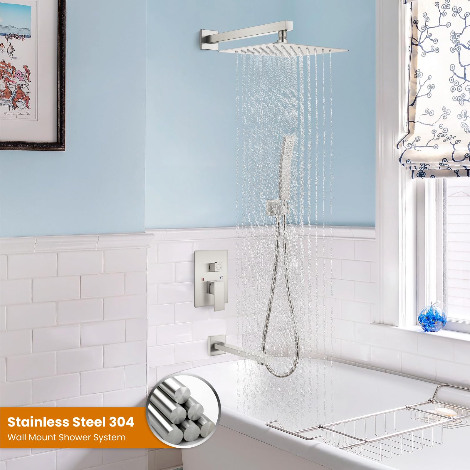 Gotonovo 3-Function Wall Mounted Shower System Set with Rainfall Shower Head, Handheld Spray & Tub Spout - 10 Inch Brushed Nickel Shower Faucet Combo & Rough-in Valve Trim Kit for Bathroom Remodel & Spa-Like Experience