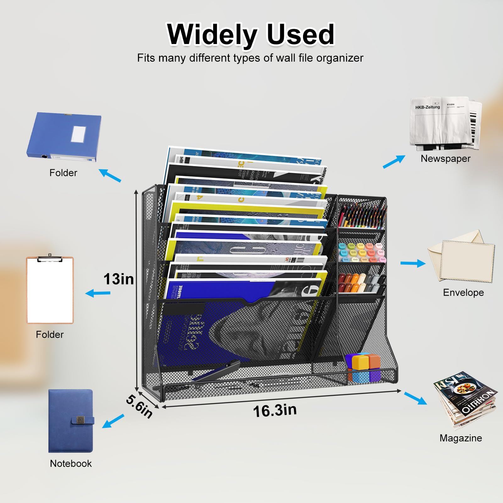 5-Tier Magnetic File Organizer with R-Shaped Bottom Tray - Hanging Mail & Document Holder for Office & Home - Includes 4 Pen Holders - Perfect for Desk Organization, Wall Storage & Paper Management (Black)