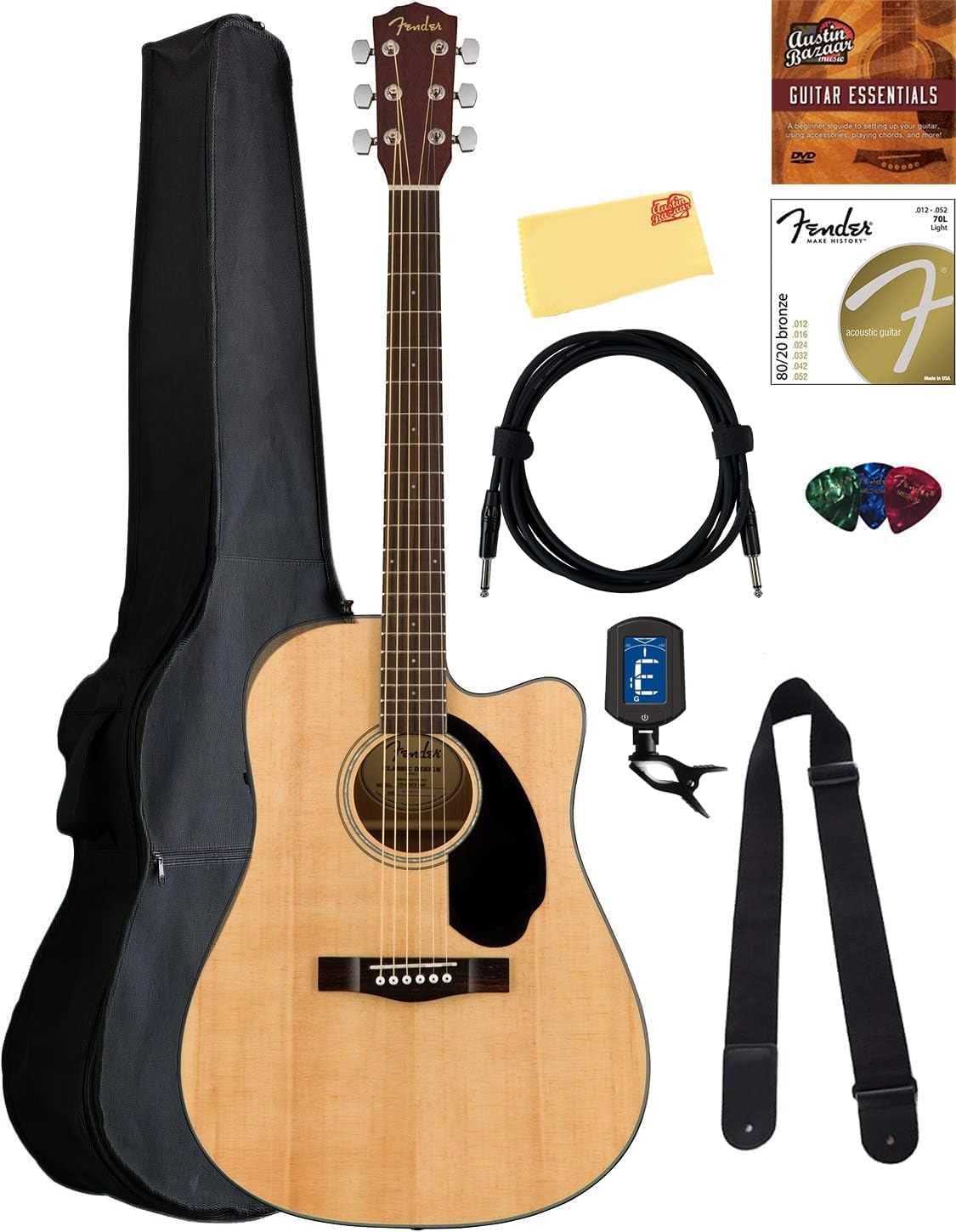 Fender CD-60SCE Solid Top Dreadnought Acoustic-Electric Guitar Bundle - Natural Finish with Gig Bag, Tuner, Strap & Accessories | Perfect for Beginners, Live Performances & Home Practice