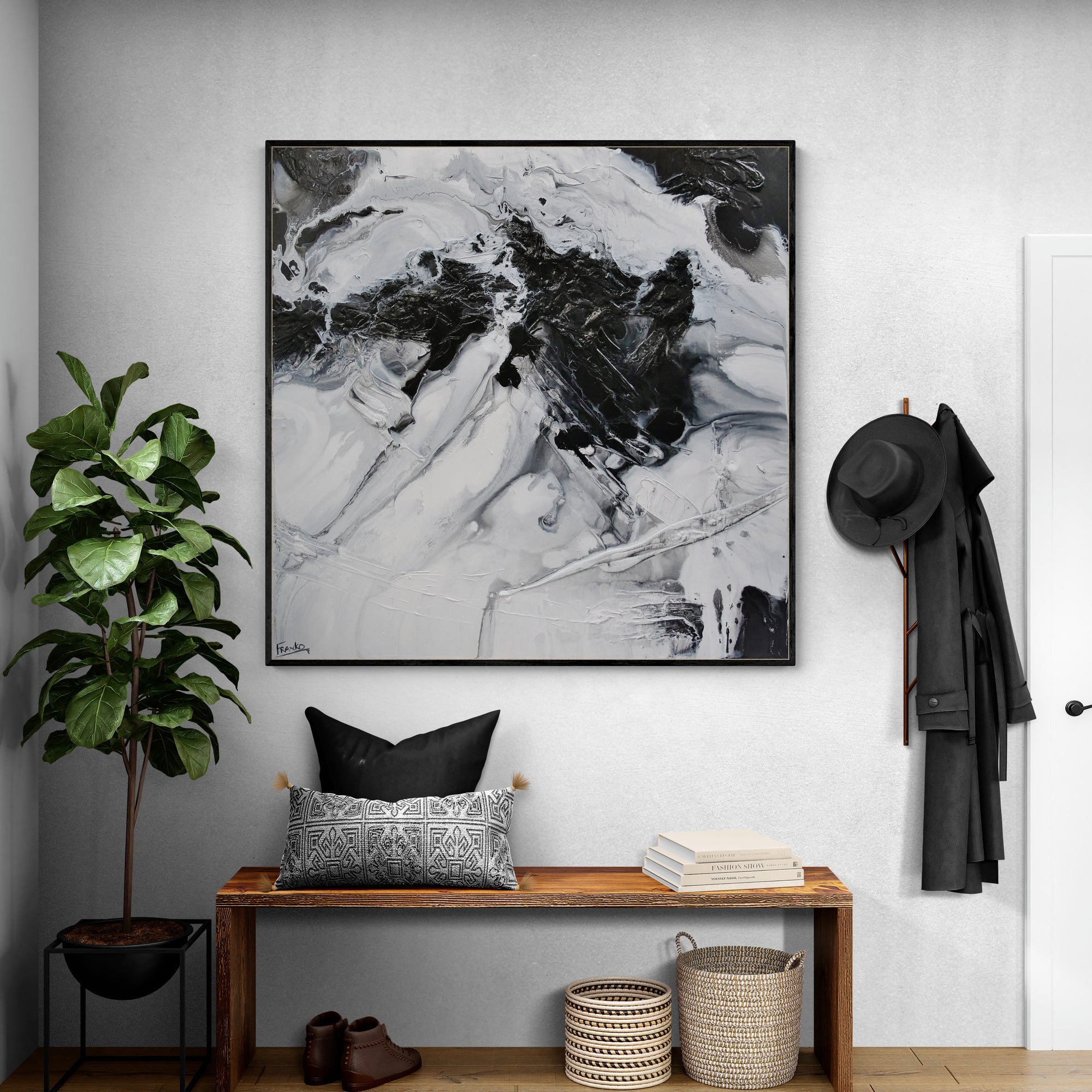 120cm x 120cm Black & White Textured Abstract Canvas Painting - Modern Wall Art for Living Room, Bedroom & Office Decor