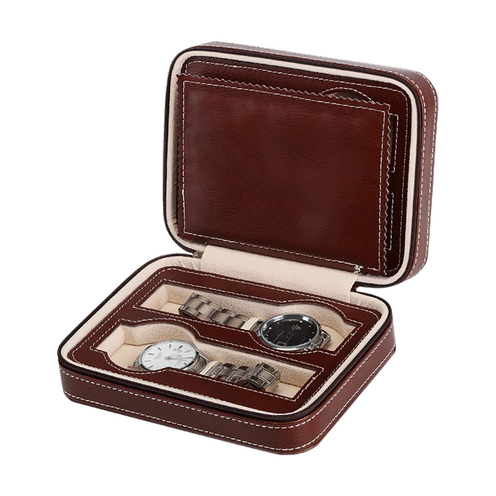 Premium Aco&bebe Black Zippered Watch Travel Case - 4 Slot Carbon Fiber PU Leather Watch Organizer Box for Men & Women - Perfect for Travel, Home Storage & Watch Collection (Coffee)