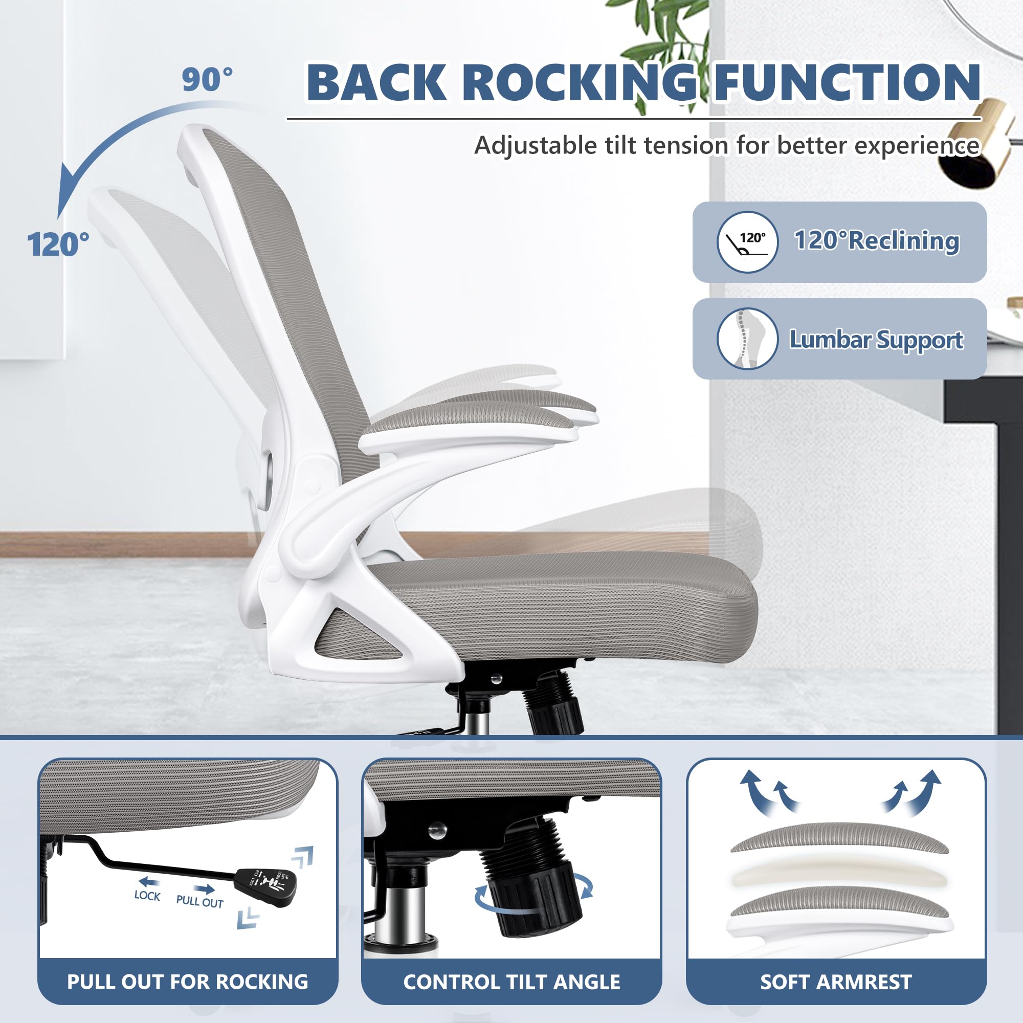Ergonomic Mesh Office Chair with Adjustable Lumbar Support - Breathable Mid Back Computer Desk Chair, Swivel Task Chair with Flip-Up Armrests for Home & Office Use - Perfect for Long Work Hours & Gaming Sessions (Gray)