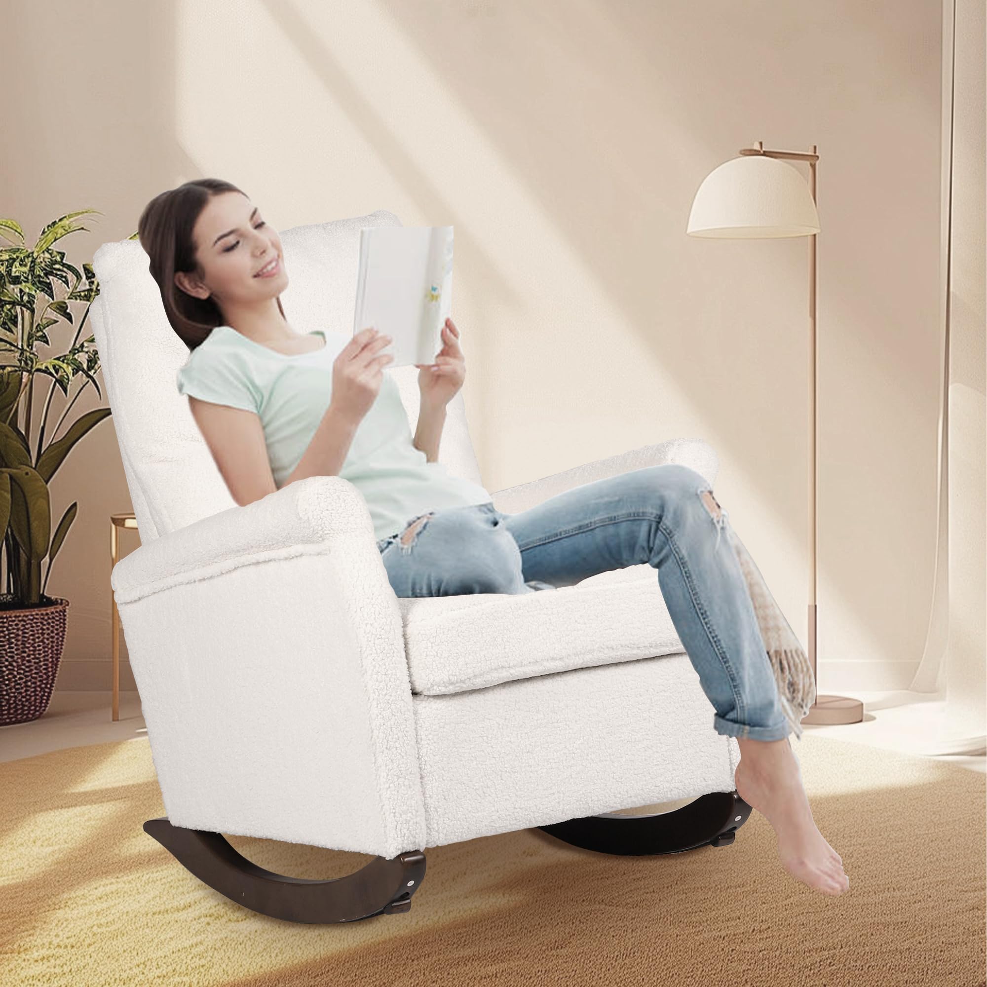 **White Teddy Rocker Glider Chair - High Back Nursing Rocking Chair for Mom, Nursery & Baby Room, Comfortable Reading Chair for Living Room & Bedroom - Perfect for Breastfeeding, Relaxing & Storytime**