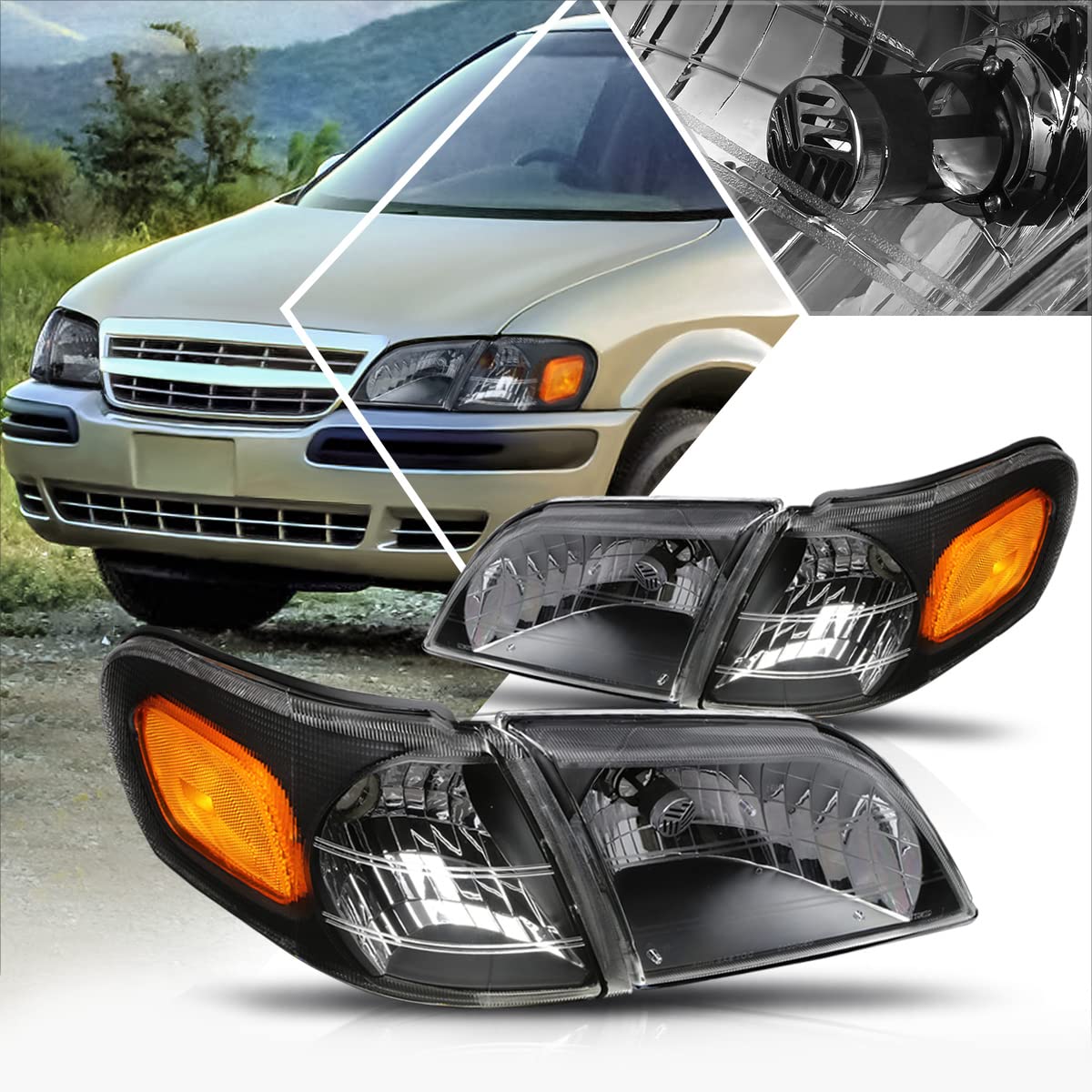 4-Piece Corner Lamps & Headlights Assembly - Compatible with 1997-2005 Chevy Venture & Pontiac Montana - Black Housing with Amber Corners - Perfect for Replacement & Customization Projects