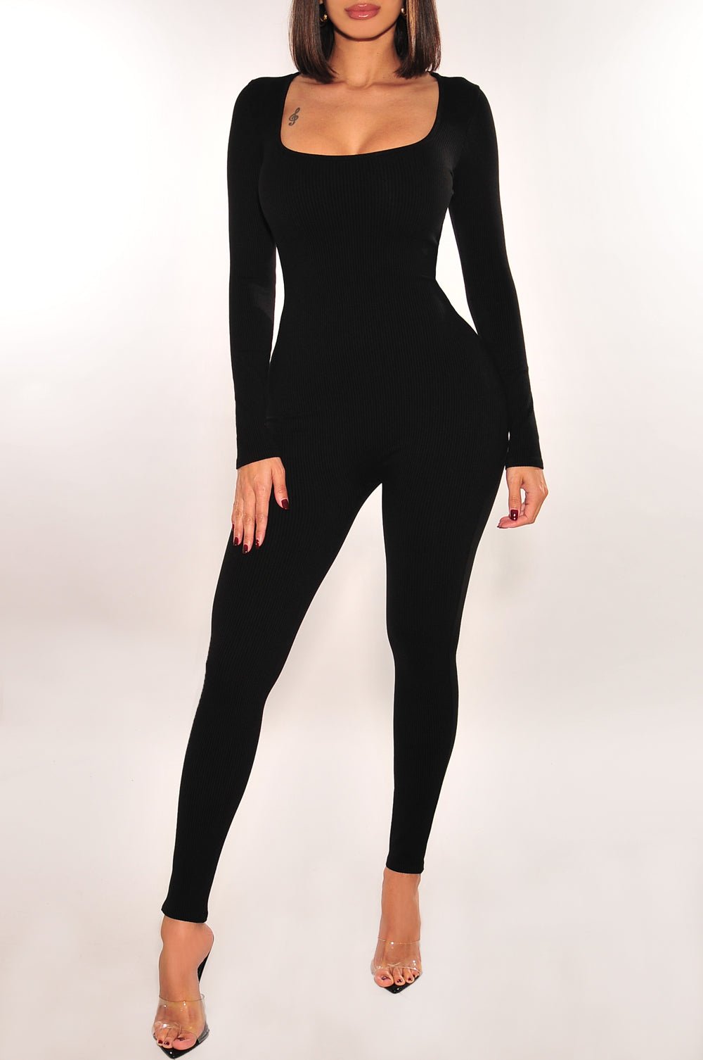 Black Ribbed Long Sleeve Square Neck Jumpsuit for Women - Elegant Stretchy Bodysuit for Casual Wear, Date Night & Office Outfits
