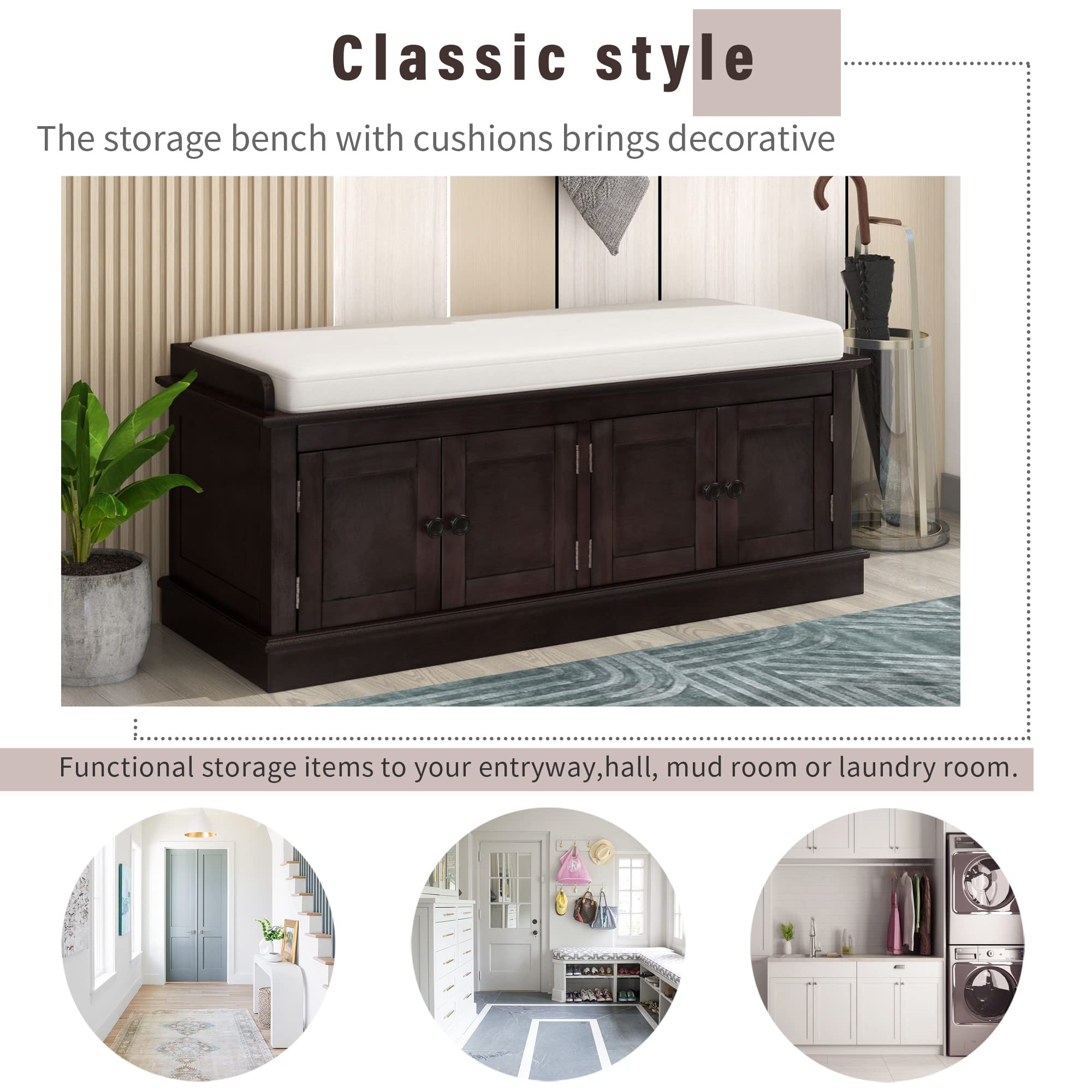 Multi-Functional 4-Door Storage Bench with Adjustable Shelves & Removable Cushion - Shoe Organizer Bench for Entryway, Living Room, Hallway - Perfect for Small Space Organization (Espresso Finish) - Ideal for Home Entry Storage & Shoe Display