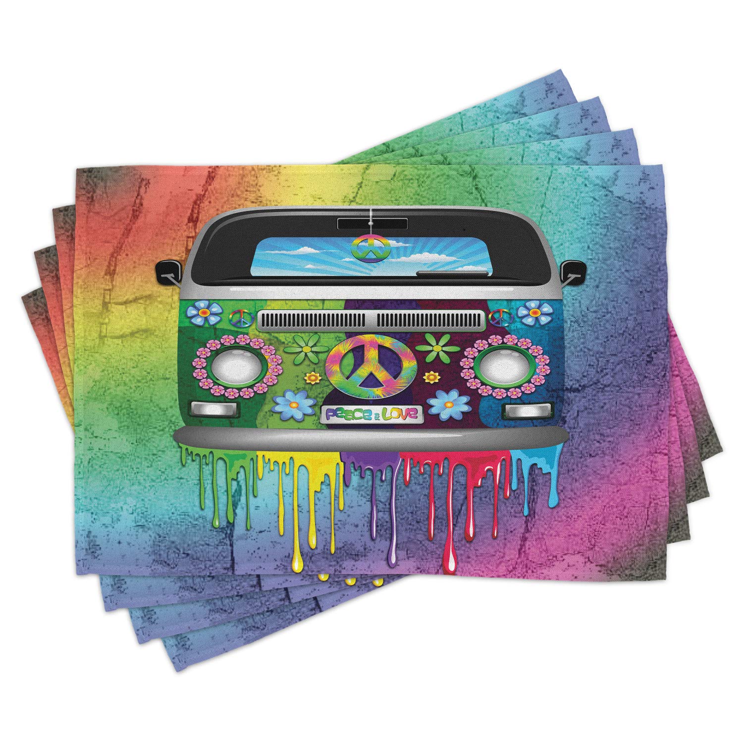 Ambesonne Hippie Van Rainbow Paint Place Mats Set of 4 - 60s Retro Style Washable Fabric Table Mats for Dining Room & Kitchen Decor - Perfect for Boho, Vintage, or Hippie Themed Parties & Home Decor