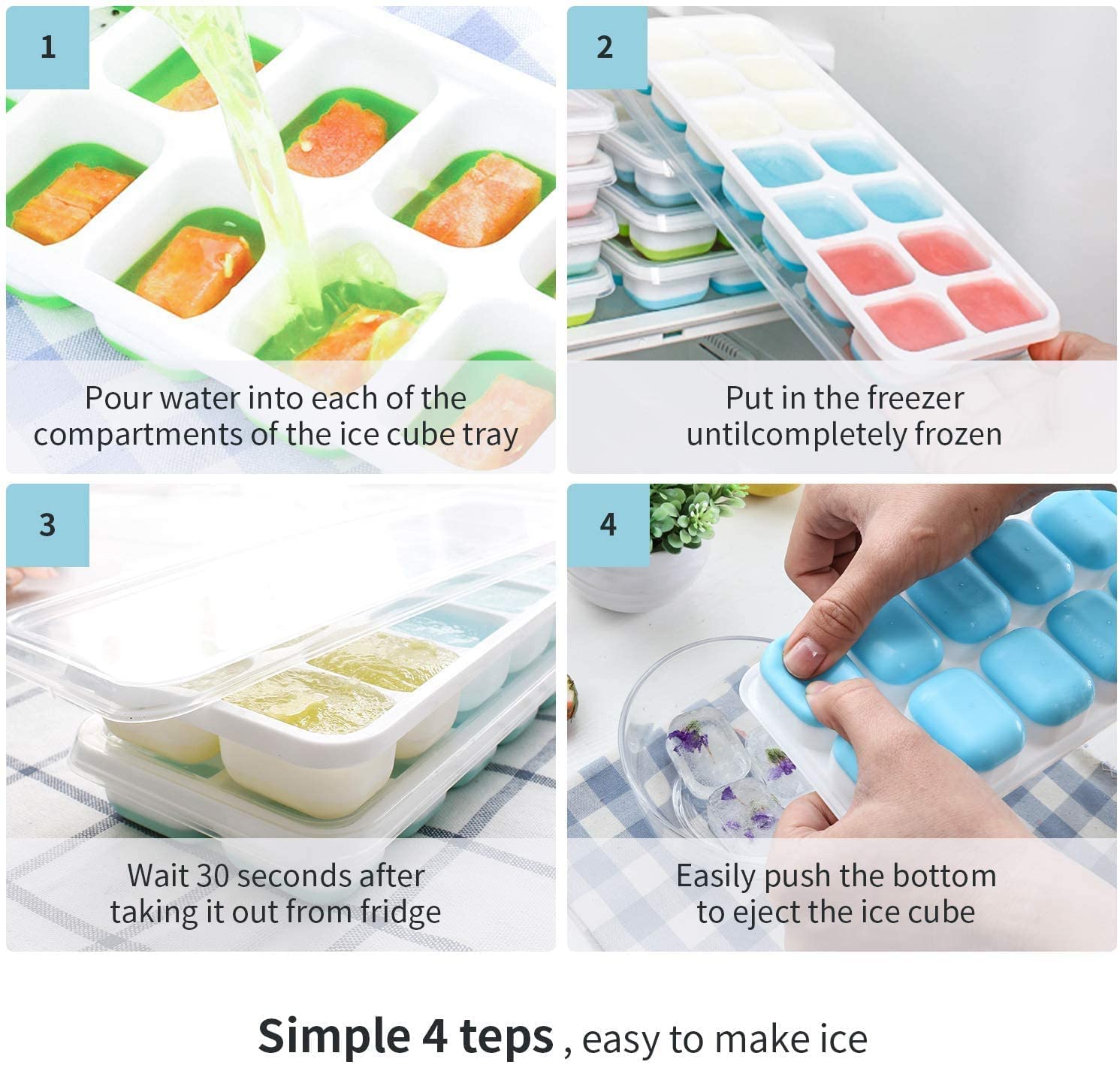 BPA-Free Silicone Ice Cube Trays with Lids (4-Pack) - Flexible, Easy Release, Stackable & Spill-Proof Ice Molds for Freezer, Dishwasher Safe - Perfect for Cocktails, Whiskey, Fruit Infused Water & Party Drinks (Blue & Green)