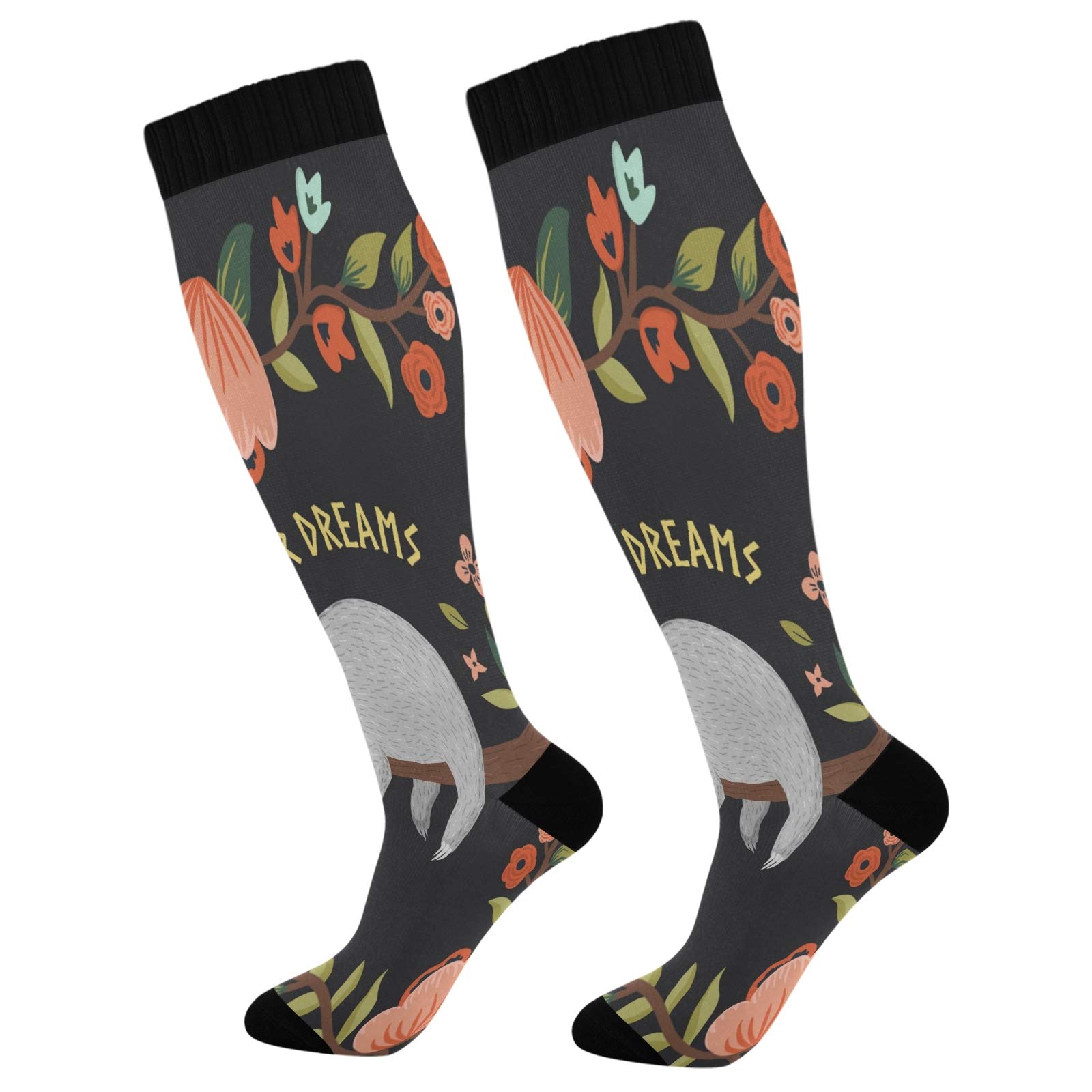 WELLDAY Women's Knee High Compression Socks - Sloth Print Follow Your Dream Design, Medical Grade Support for Soccer & Sports, Warm Therapeutic Stockings (1 Pair) - Perfect for Running, Nursing & Everyday Comfort