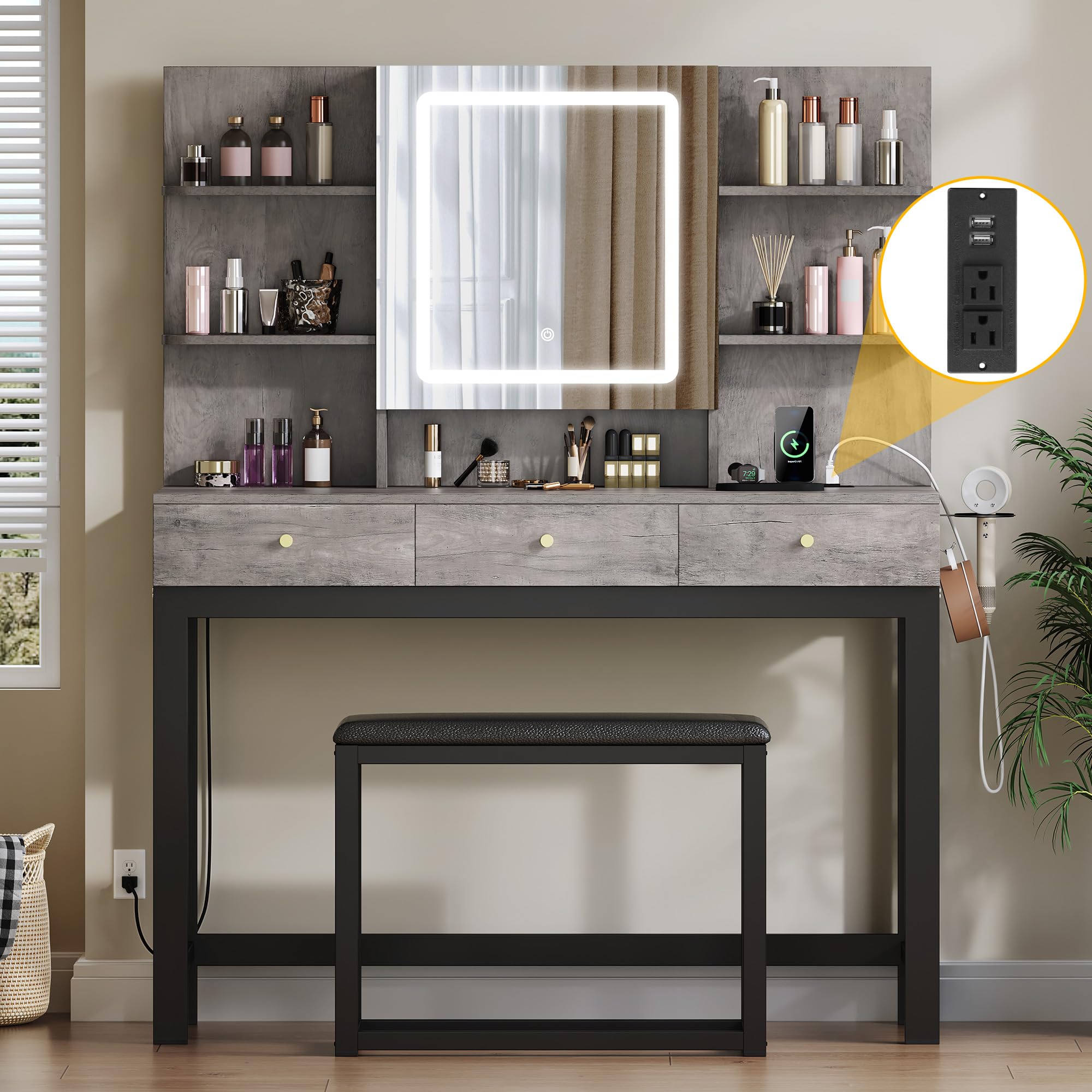 DWVO Vanity Desk with LED Lights Mirror & Power Outlet - Adjustable 3 Lighting Modes, Dressing Table Set with Chair & Hidden Storage - Makeup Vanity Desk with Stool, 3 Drawers for Bedroom, Home Office, Salon (Upgraded Grey)