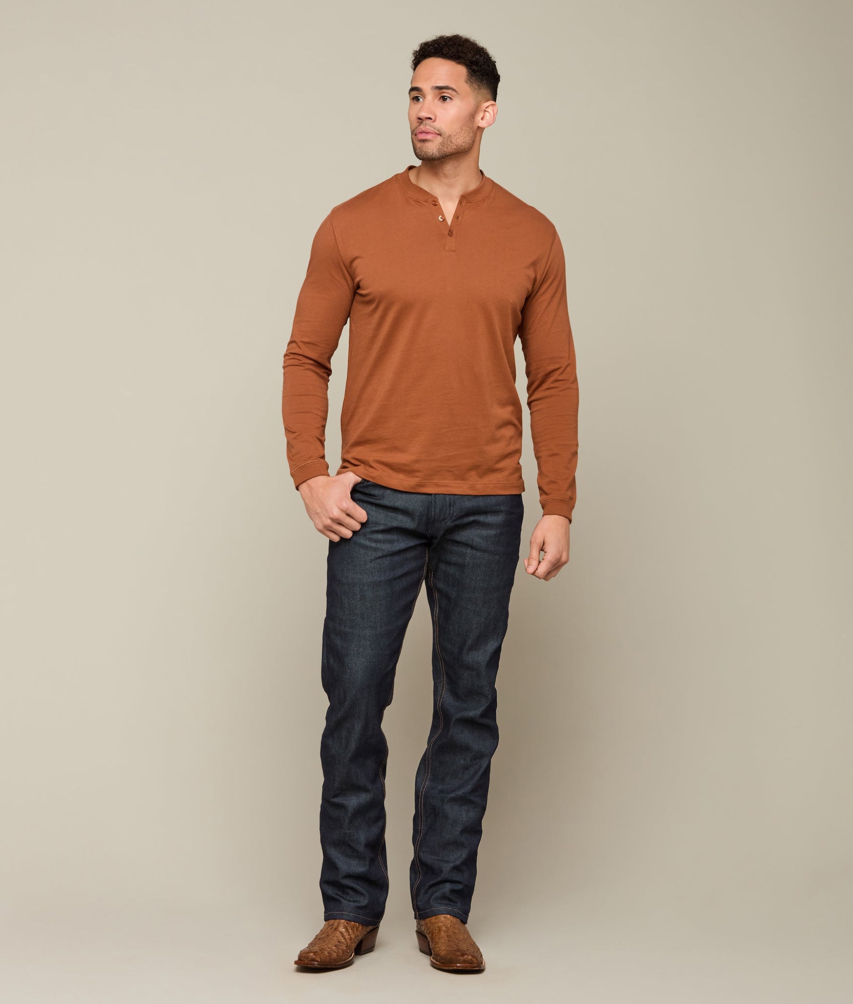 Lucchese Men's Pima Cotton Henley Shirt - Soft & Breathable Brick Red Top for Casual Wear & Outdoor Activities