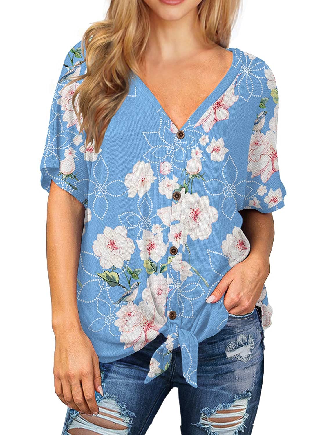 IWOLLENCE Women's Waffle Knit Tunic Blouse - Tie Knot Short Sleeve Henley Top - Loose Fitting Batwing Shirt for Casual Wear, Office Outfits & Spring Fashion
