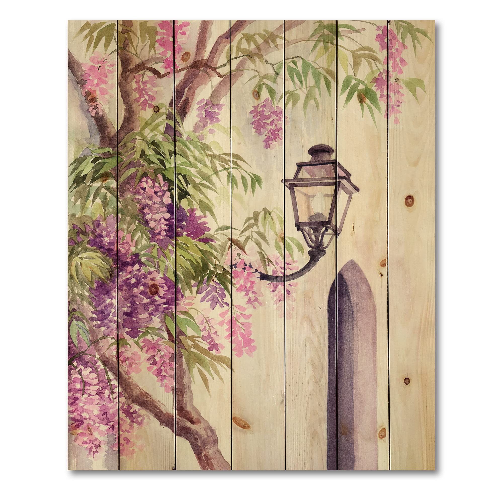 DesignQ Wisteria & Lantern Traditional Wood Wall Decor - Purple Floral Wood Art Panel, Large Pine Wood Wall Hanging for Home & Office Decoration | Perfect for Living Room, Bedroom, Dining Area & Entryway